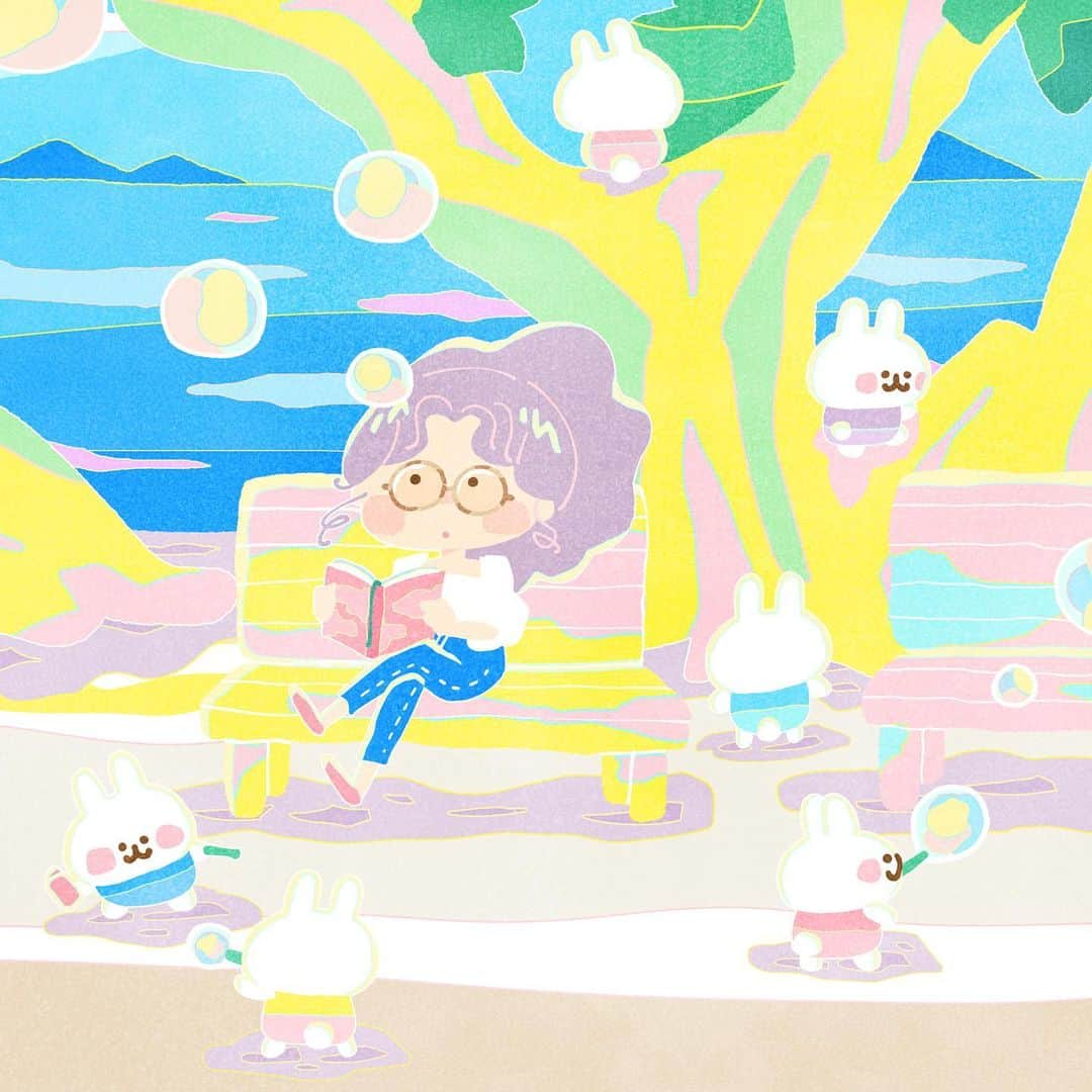 カナヘイのインスタグラム：「しまなみ □□□ ■□□  #Illustration #making #タイムラプス #メイキング #kanahei #卡娜赫拉 #卡娜赫拉的小動物 #カナヘイの小動物 #しまなみ海道 #自転車 #ねーねーねこ #サイクリング #海　#ポタリング」