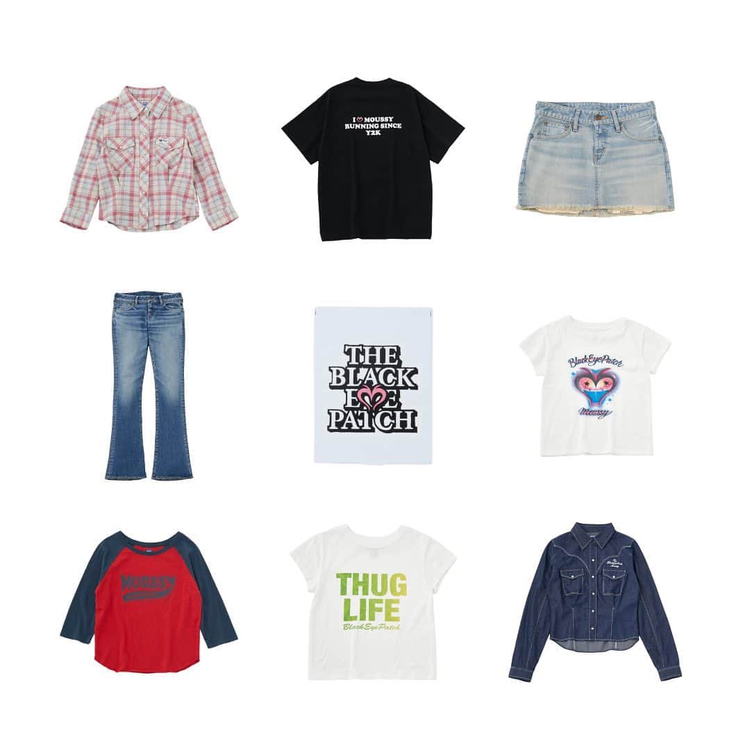 のインスタグラム：「BlackEyePatch | MOUSSY  ・WESTERN CHECK SHIRT(010GSS01-0340) ・LABEL TEE(010GSQ01-0660) ・MICRO MINI SKIRT(010GSA01-0560) ・SLIM BOOTCUT(010GSA01-0550) ・LOGO MIRROR(010GSS01-0450) ・AIRBRUSH TEE(010GSQ01-0500) ・RAGLAN TEE(010GSL01-0490) ・THUG LIFE TEE(010GSQ01-0540) ・DENIM SHIRT(010GSS01-0470)  全国のMOUSSY店舗／SHEL'TTER WEBSTORE／ZOZOTOWNにて発売中。 #blackeyepatch #MOUSSY」