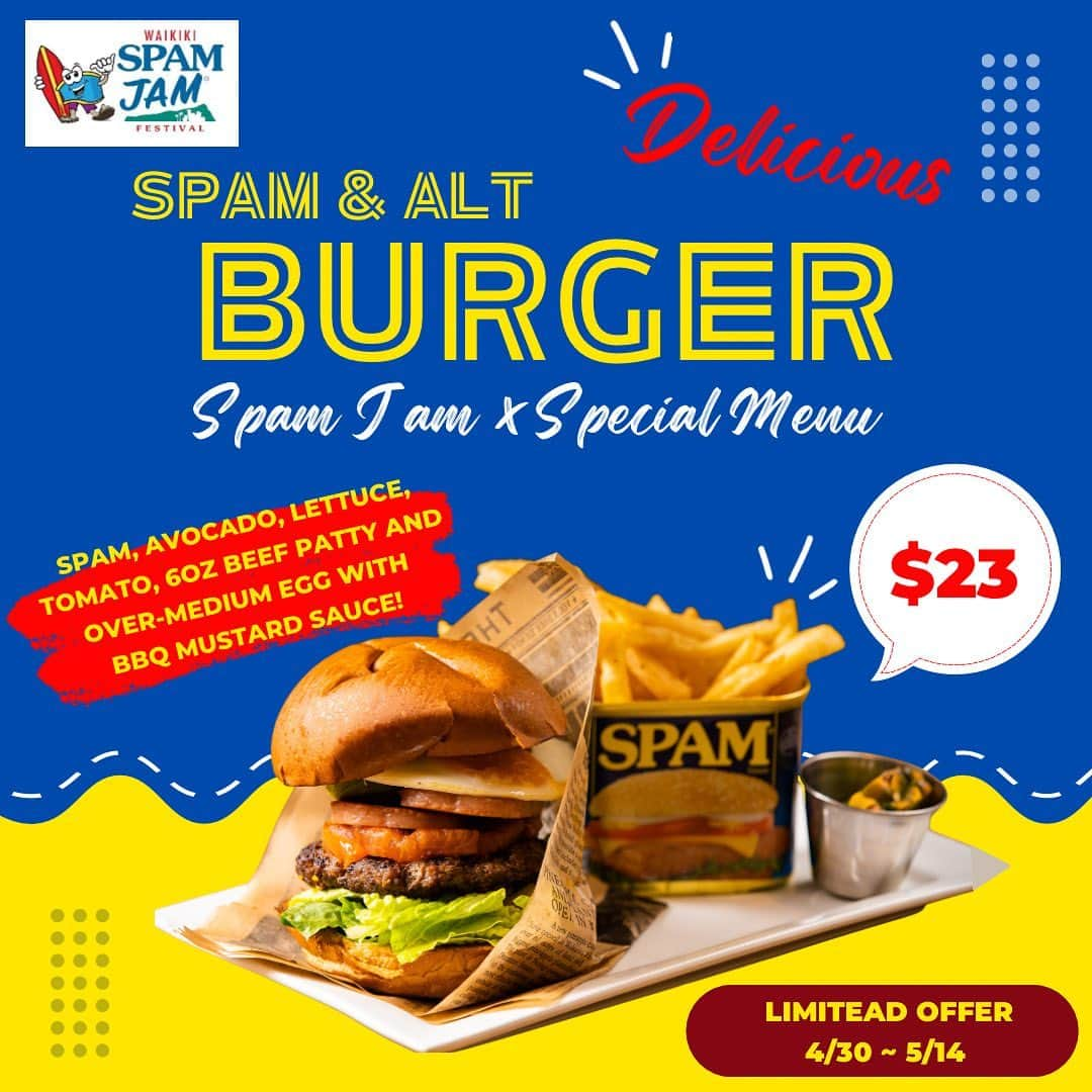 alohatable_waikikiのインスタグラム：「Aloha!!  We start serving SPAM ALT Burger from Today 🍔✨ Only Limited offer until 5/14!!  Serving with SPAM, 6oz Beef Patty, Avocado, Lettuce, Tomato, Over-Medium Egg and BBQ Mustard Sauce.  Please join us and try SPAM JAM’s Special menu at Aloha Table Waikiki!!!  本日4/30から5/14までの期間限定でSPAM JAM スペシャルバーガーを販売中!  スパムと牛肉パティに、ALT(アボカド、レタス、トマト)、更にはオーバーミディアムの卵をサンドしたボリューム満点のバーガーです🍔✨  期間限定メニューなので、是非お見逃しなく✨✨  #hawaii #alohatablewaikiki #waikiki #hawaiirestaurants #hawaiifoodie #waikikirestaurant #waikikilunch #hawaiianfoodwaikiki #waikikidinner #foodstagram #locomoco #garlicshrimp #veganlocomoco #waikikibar#waikikicocktails #Waikikikidsmeal #musteathawaii #waikikiburger #waikikihappyhourwaikiki  #zetton  #ハワイ  #アロハテーブル #ワイキキ #ロコモコ #ハワイ料理 #ハワイ旅行 #ハワイグルメ #ガーリックシュリンプ #ハッピーアワーワイキキ #ワイキキ子連れ旅行」