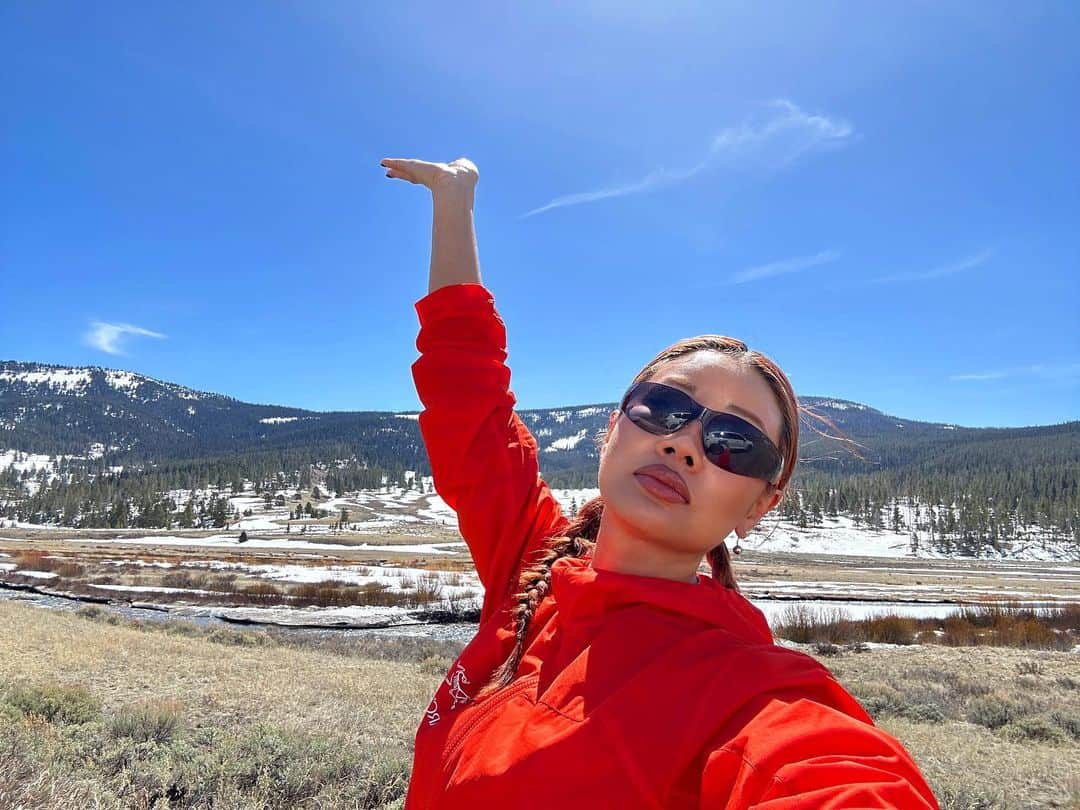 YOONのインスタグラム：「Stepping into the wild for my GW break this wk💚#Yellowstone Day 1, I met a cute Bison fam, saw eagles and dead elk 🦬🤎⛰️🌱🍃🪵 Looking forward to meeting black bears, wolves, and badgers and more 🫶🏽」