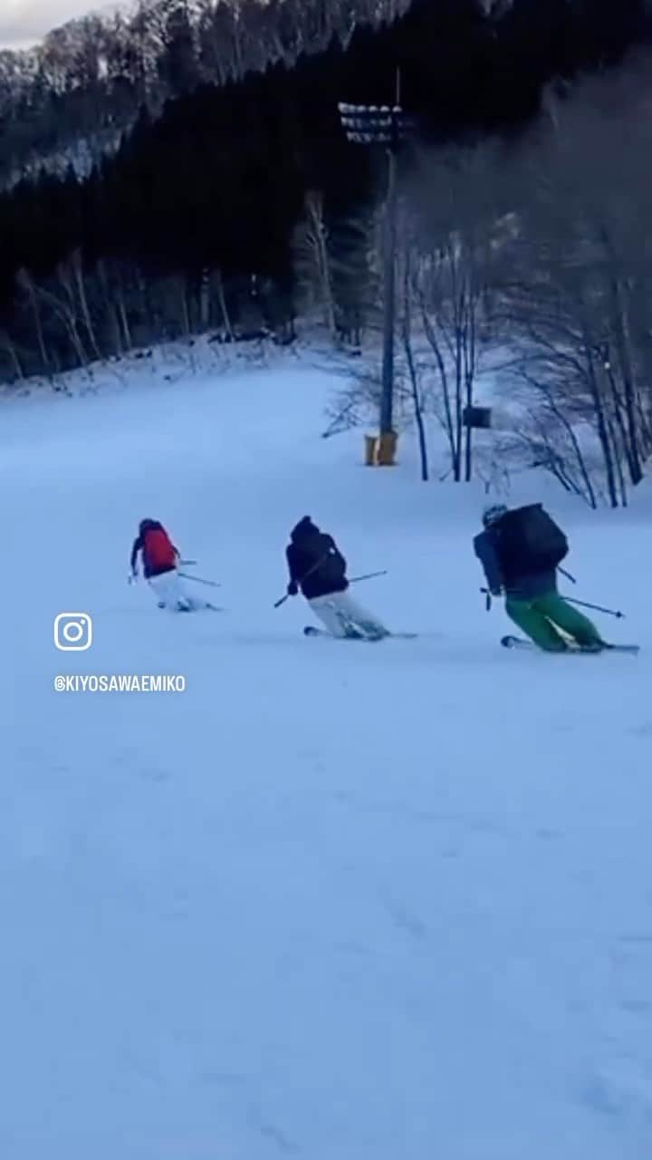 清澤恵美子のインスタグラム：「スケーティングからのカービングターンの振り子トレーニング⛷🏌️ 手を振るタイミングと板への最大荷重のタイミングを合わせることによって板は更に走ってたわむ🤜　 @goldwin_jp 基礎チームの方々と😄 #楽しい思い出シリーズ #基礎の方々の順応力の高さ #技術選 #アルペンスキー　#テクニック #ski #スキー投稿 #懐かしいシリーズ」