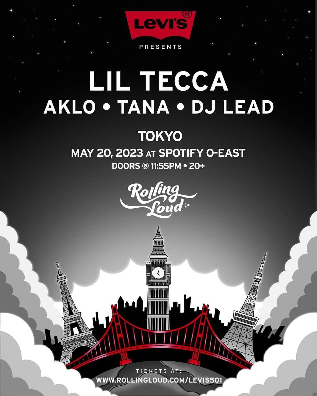 Levi's Japanさんのインスタグラム写真 - (Levi's JapanInstagram)「Get ready, Tokyo!  501®ジーンズ150周年を記念して、Levi‘s®が @rollingloud とともに東京、パリ、ロンドン、サンフランシスコでライブイベントを開催！  世界中のアーティストが集結し、150周年を盛大に祝います👖🎧 5月20日（土）に東京で行われるクラブイベントに、レッドタブ™メンバー20組40名様を抽選でご招待！  応募締め切り:2023年5月7日（日）23:00 詳細はストーリーズから __________________  LEVI’S Presents, LIL TECCA, AKLO, TANA, DJ LEAD A Rolling Loud Production  ▼日時・会場 2023年5月20日（土） Spotify O-EAST OPEN 23:55／START 23:55  ▼出演者 Lil Tecca（リル・テッカ） AKLO（アクロ） tana（タナ） DJ LEAD   各国の出演者やチケット販売に関しては プロフィールリンクから🔗  #150Yearsof501」5月1日 16時32分 - levis_japan