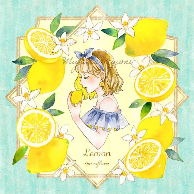 miya(ミヤマアユミ)のインスタグラム：「🍋🍋🍋  缶ケースの新作のために描き下ろしました。 今回はメッセージカード入りセットになる予定です📝 他にも色々作ったので、サンプル上がってきたら写真載せます🍋 @mirafluru   5月は２つのイベントに出展します。デザフェスはおそらく3年半ぶり...！ 2スペース借りたので新旧のグッズ沢山並べます💪  🔸COMITIA144 5月5日(金) 　 ブース:東3【A05a】  🔹デザインフェスタ vol.57　 5月20日(土)〜5月21日(日)　 ブース:西1階【A-224,A-225】  3枚目の手書き文字は #ウィンザーアンドニュートン のゴールドインクで描きました。仕上げではフォントに変更してしまいましたが、キラキラしてお気に入り✨  #レモン #lemon #フルーツ #fruits  #artwork #watercolor #透明水彩 #水彩 #art #illust #illustration #draw #illustrator #イラスト #イラストレーター #手描き #手書き #アナログ #アナログイラスト #ガールズイラスト #miyamaayumi #花 #flowers #ファッション #fashion #ファッションイラスト #flower #マイメリブルー #ホルベイン」