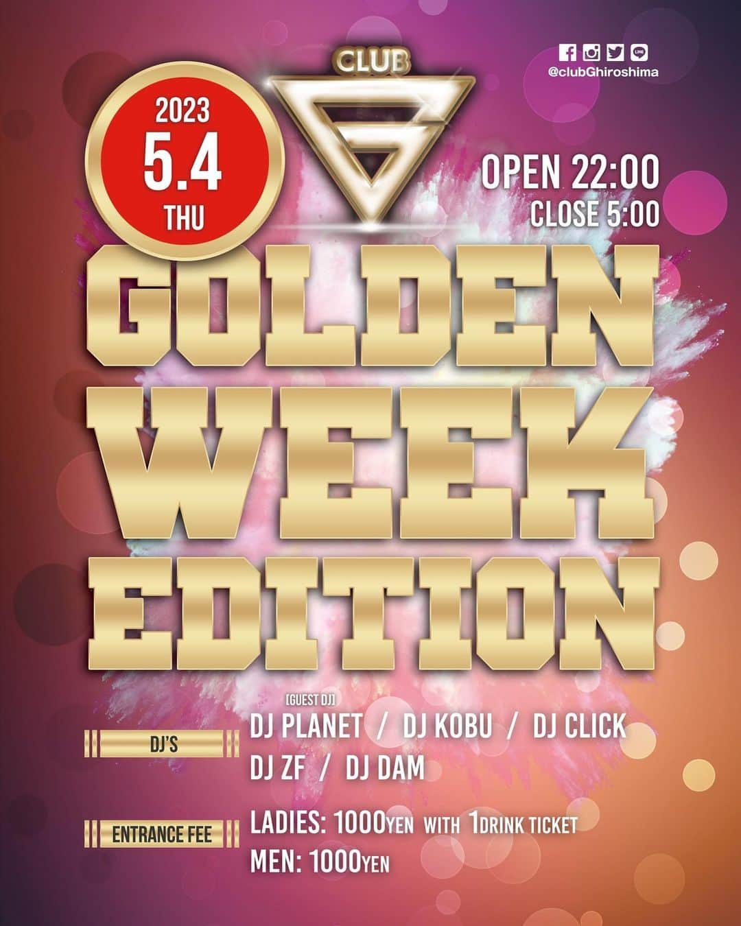 DJPLANET_JPのインスタグラム：「🙌🏻🙌🏻🙌🏻. 5/4は @clubghiroshima です🎧  2023.5.4(Thu) 22:00 OPEN at club G hiroshima  "GOLDEN WEEK EDITION"  GUEST DJ  DJ PLANET  DJ DJ KOBU DJ CLICK DJ ZF DJ DAM  【Entrance】 MEN : ¥1,000- LADIES : ¥1,000- with 1 drink ticket」