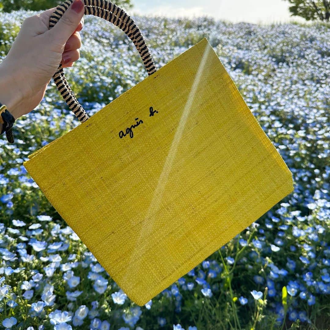 minminmaaaのインスタグラム：「@agnesb_officiel のラフィアのトートバッグ💛 ・ ・ 色と柄がたくさんあって悩んだけど差し色にしたくてイエローに🐣 ・ ・ 軽くて持ちやすいし、お気に入り💓 裏地もあるし、ポーチもついてました👌🏻 ・ ・ ・ #agnesb#アニエスベー #かごバッグ #ママコーデ#ネモフィラ#夏小物#夏コーデ」