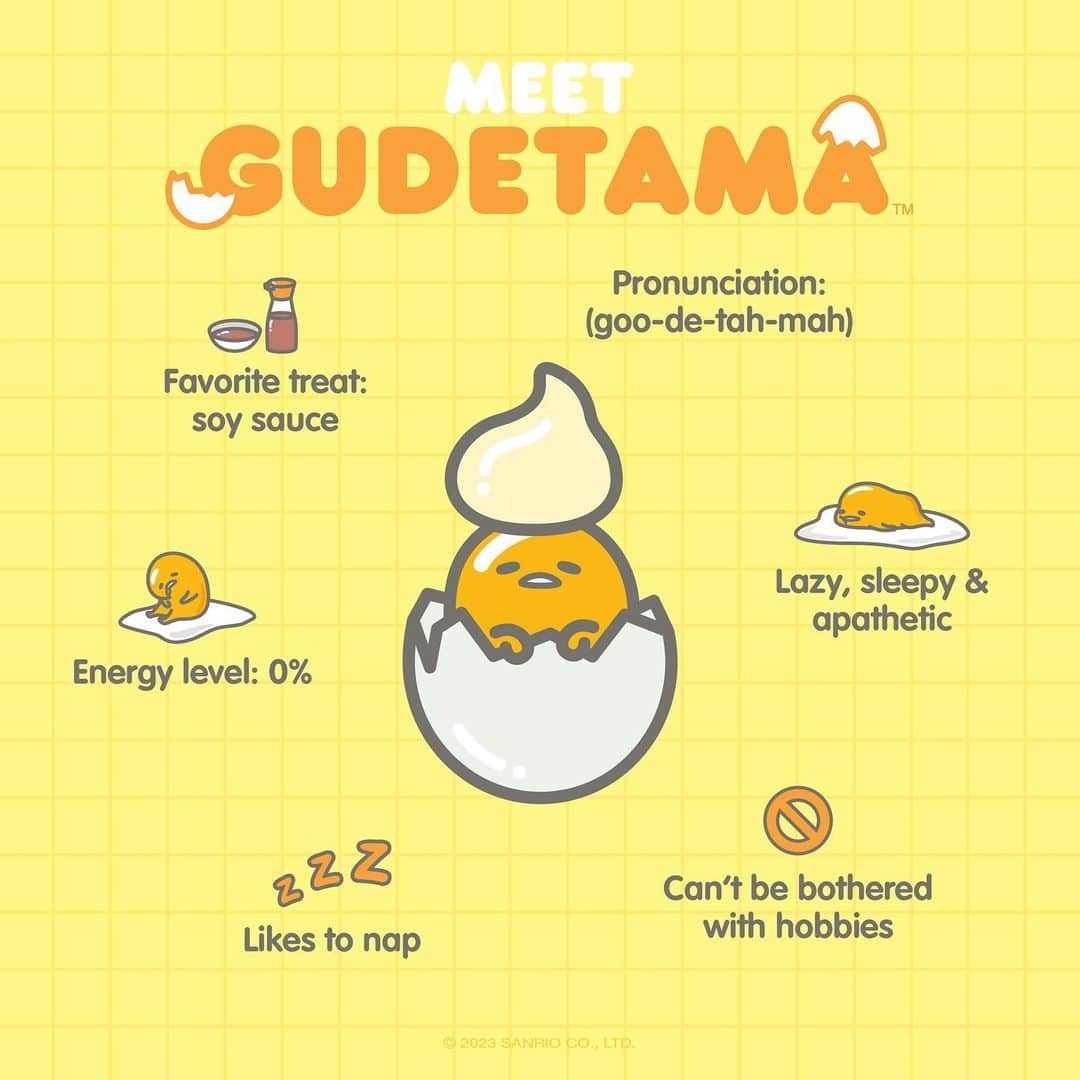 ぐでたまのインスタグラム：「It's the Month of Meh! @gudetama is our Friend of the Month for May 🥚✨ Here are some fun facts about our favorite lazy egg! #SanrioFOTM」