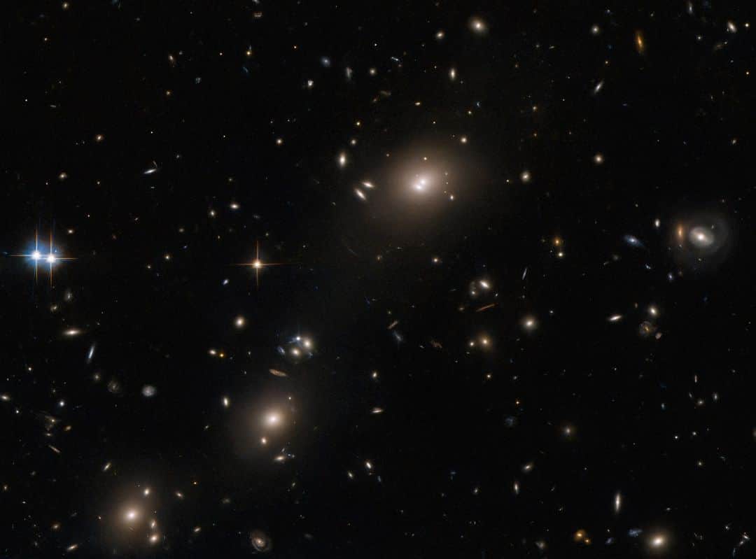 NASAさんのインスタグラム写真 - (NASAInstagram)「This was a nice catch by @NASAHubble!   Hubble has a busy calendar nearly year-round, but astronomers take advantage of the gaps in the telescope’s schedule to take a look at barely observed galaxy clusters like this one!  Studying these clusters can help astronomers learn more about dark matter, which makes up most of the mass of a galaxy cluster.   Learn more about Hubble’s series of observations and this galaxy cluster, ACO S520, at the link in our bio!  Image Description: A collection of oval-shaped, elliptical galaxies. The largest has two neighboring bright spots in the core. It and two others look like galaxy clusters, with surrounding smaller galaxies. On the left edge of the image are two bright stars with four long spikes, and on the right edge is a small ring-shaped galaxy. Smaller stars and galaxies are spread evenly across the dark background.」5月1日 23時30分 - nasagoddard