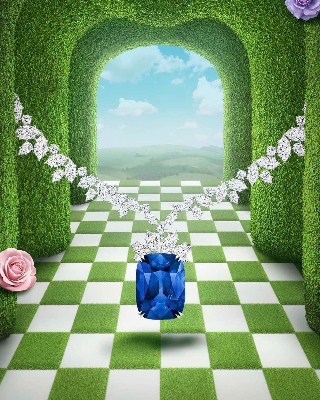 ハリー・ウィンストンのインスタグラム：「You are cordially invited to a tea party within the Winston Maze, where you can continue your journey throughout a landscape bursting with spring’s most vibrant hues and bejeweled blooms. Tap the link in bio to delight in high jewelry. #HarryWinston #WinstonMaze #WinstonHighJewelry」