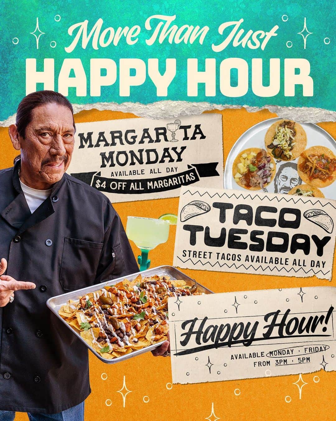 ダニー・トレホさんのインスタグラム写真 - (ダニー・トレホInstagram)「🍹🌮Happy Hour is BACK!🌮🍹  Starting this week we will have weekly specials at participating locations starting with Margarita Monday!  🍹 Margarita Monday 🍹  Available All Day $4 Off All Margaritas  🌮 Taco Tuesday🌮 Street Tacos Available All Day!  🍺 Happy Hour 🍺 Available Monday - Friday from 3PM - 5PM includes food & drink Specials!  📍Available at Trejo's Cantina (Hollywood), Trejo's Tacos (Santa Monica & La Brea)  #trejostacos #trejosdonuts #trejoscoffeeanddonuts #trejoscantina #trejoscerveza #dannytrejo #losangeles #tacos #bowls #burritobowl #happyhour」5月2日 1時48分 - officialdannytrejo