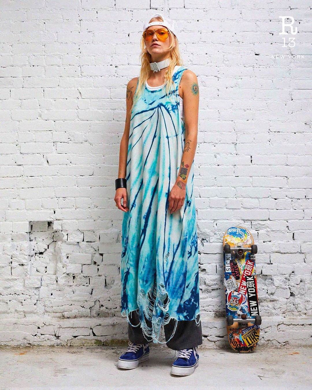 アールサーティーンのインスタグラム：「The Knit Tank Dress is a key piece from the Spring/Summer collection, integrating skate aesthetics, manifest distress, and chaotic tie-dye into one cohesive style.  Available at r13.com and our flagship at 34 Howard Street, NY.  #r13 #r13denim #skate」