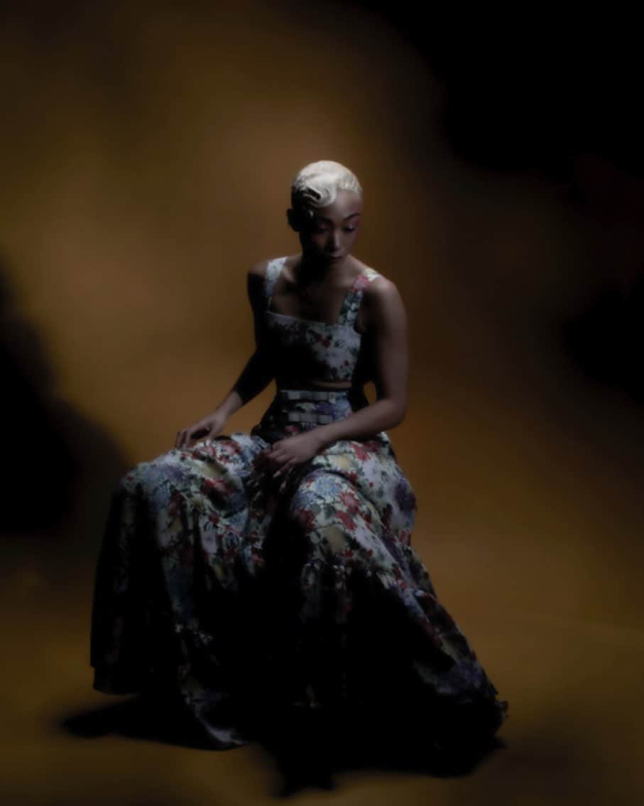 アディアムのインスタグラム：「Actress #TatiGabrielle wears #ADEAM Obi Bandeau, Obi Corset and Lantern Skirt from the Spring Summer 2023 Collection for @AsIfMagazine.  Styled by: @Kschijman」