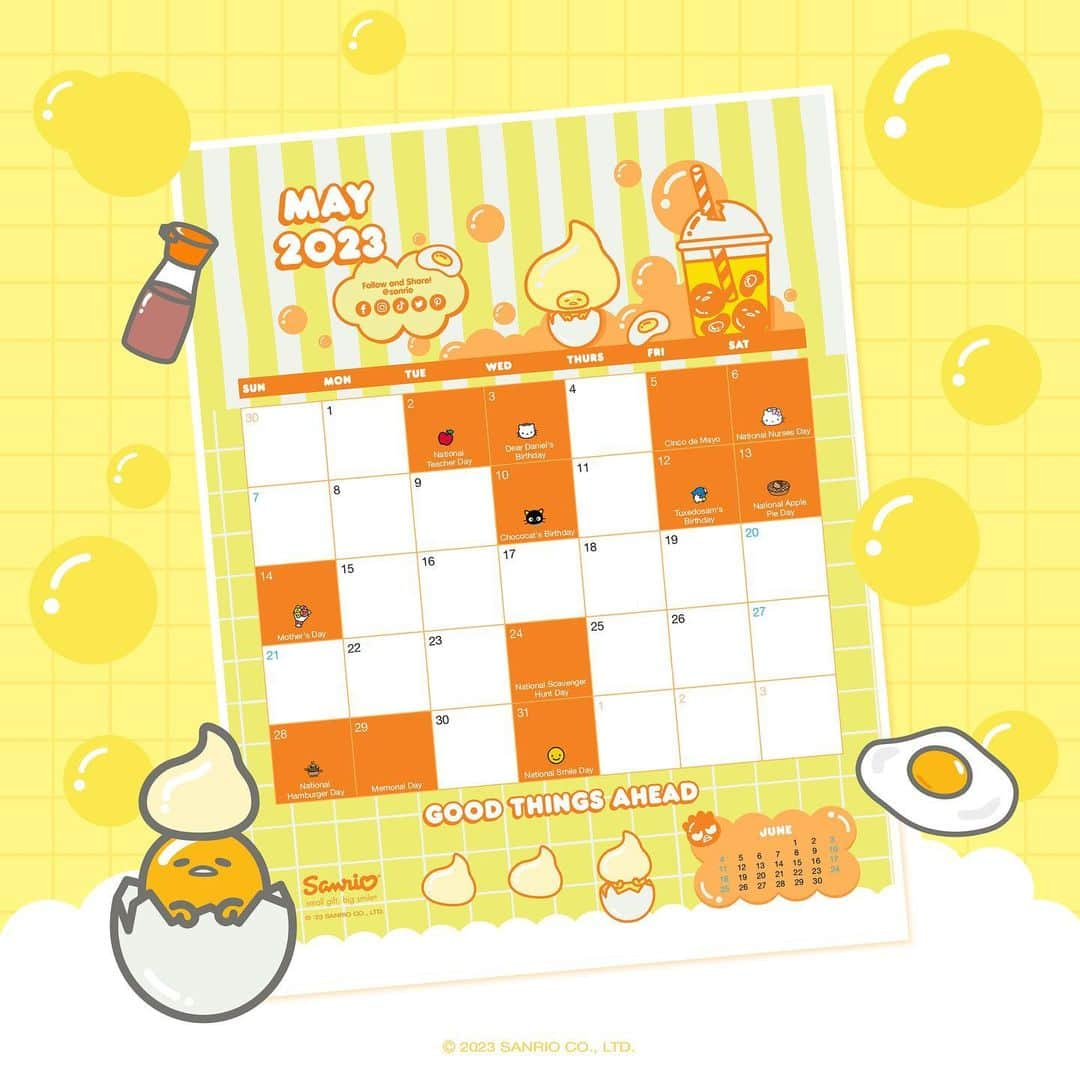 ぐでたまさんのインスタグラム写真 - (ぐでたまInstagram)「Say hello to a new month with @Gudetama 🗓💛 Tap the link in bio to download the Friend of the Month calendar for May! #SanrioFOTM」5月2日 5時01分 - gudetama