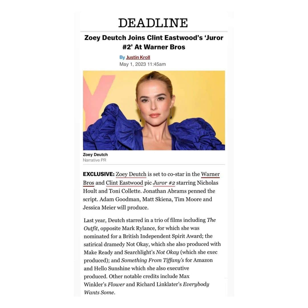 ゾーイ・ドゥイッチのインスタグラム：「CLINT. EASTWOOD ??? oh man. someone pinch me. i couldn’t be more excited and grateful i get to work on a film with such a legend, alongside one of my favorite actors i’ve ever gotten to work with nick hoult, and a hero of mine toni collette. dreams coming true over here. thank you thank you thank you universe 🤍」