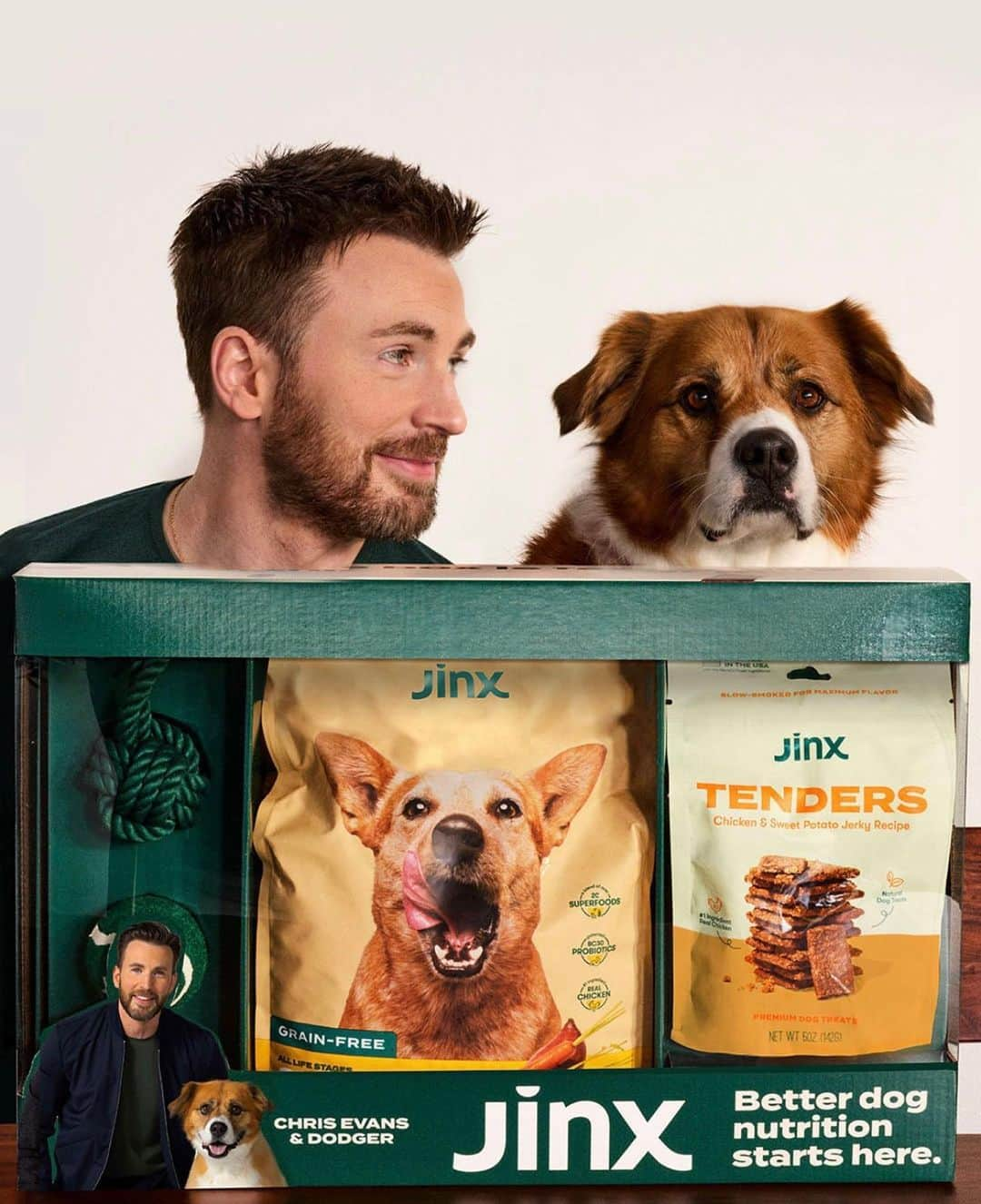 クリス・エヴァンスのインスタグラム：「The limited-edition Jinx Dream Box(starring Dodger!) is available in @walmart stores across the nation today!  Post a pic of your box with your dog!   #jinxpartner」