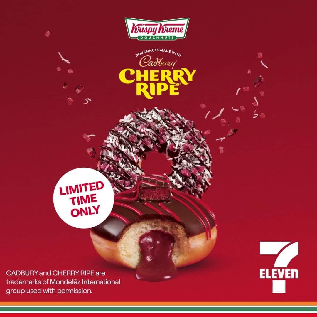 7-Eleven Australiaのインスタグラム：「Bigger than Barbie and Ken, introducing the iconic duo you've been waiting for... Krispy Kreme x Cadbury® Cherry Ripe® Doughnuts 🍒🍩 Try these two limited-edition flavours, now at 7-Eleven.」