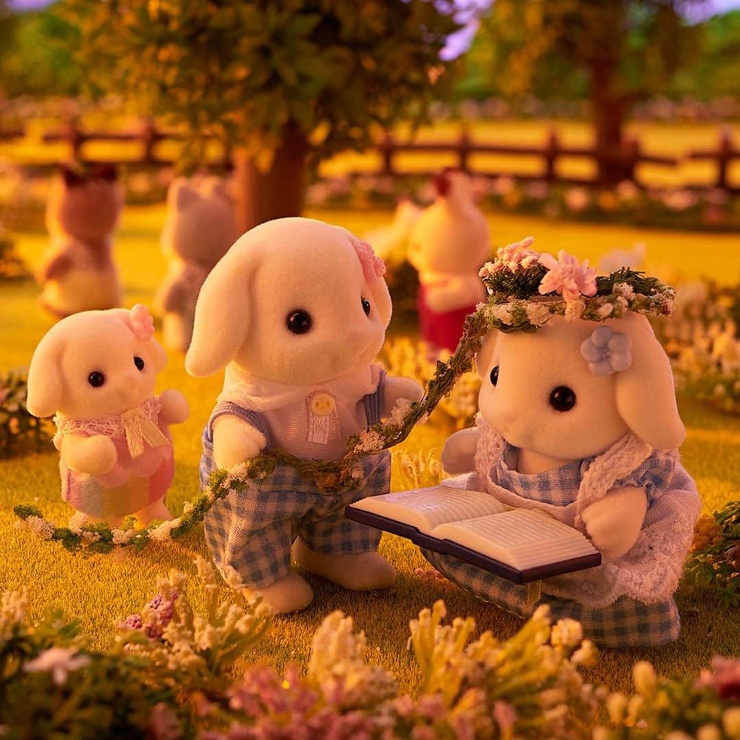 シルバニアファミリー【公式】 さんのインスタグラム写真 - (シルバニアファミリー【公式】 Instagram)「「こうやって作るんだよ」 フローラウサギのレノンはショコラウサギのクレムに花かんむりの作り方を教えています🌼  「できました！」 「上手にできたね！」  みんなで遊んでいたらあっという間にお家に帰る時間🏠  「そろそろ帰ろうか…あれ？」 アリスの頭の上には、レノンが作った花かんむりがいっぱい！！  「あら？全然気がつかなかった！」  「えぇー！？」  アリスは植物図鑑に夢中だったみたいです🌷  #シルバニアファミリー #シルバニア #sylvanianfamilies #calicocritters #sylvanian #ドールハウス #dollhouse #ミニチュア #miniature #かわいい #可愛い #cute #癒し #癒される #kawaii #花かんむり #お花 #植物 #植物図鑑 #フローラウサギ」5月2日 17時00分 - sylvanianfamilies_jp