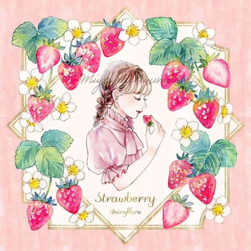 のインスタグラム：「🍓🍓🍓  缶ケースの新作のために、描き下ろしました。レモンの子と向かい合わせにしたくて、最終的に女の子反転しました。 メッセージカード(画像3枚目)も作りました📝 他にも色々作ったので、サンプル上がってきたら写真載せていきます🍓 @mirafluru   5月は２つのイベントに出展します。デザフェスはおそらく3年半ぶり...！2スペース借りたので新旧のグッズ沢山並べます💪  🔸COMITIA144 5月5日(金) 　 ブース:東3【A05a】  🔹デザインフェスタ vol.57　 5月20日(土)〜5月21日(日)　 ブース:西1階【A-224,A-225】  両方、東京ビッグサイトでの開催です。  最後の手書き文字は #ウィンザーアンドニュートン のゴールドインクで描きました。仕上げではフォントに変更してしまいましたが、キラキラしてお気に入り✨  #イチゴ #いちご #苺 #strawberry #フルーツ #fruits  #artwork #watercolor #透明水彩 #水彩 #art #illust #illustration #draw #illustrator #イラスト #イラストレーター #手描き #手書き #アナログ #アナログイラスト #ガールズイラスト #miyamaayumi #花 #flowers #ファッション #fashion #ファッションイラスト #flowers」