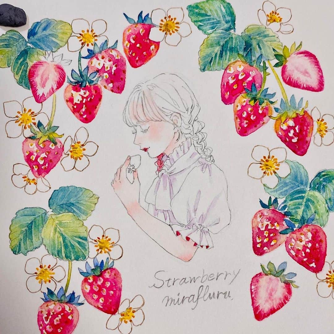 miya(ミヤマアユミ)さんのインスタグラム写真 - (miya(ミヤマアユミ)Instagram)「🍓🍓🍓  缶ケースの新作のために、描き下ろしました。レモンの子と向かい合わせにしたくて、最終的に女の子反転しました。 メッセージカード(画像3枚目)も作りました📝 他にも色々作ったので、サンプル上がってきたら写真載せていきます🍓 @mirafluru   5月は２つのイベントに出展します。デザフェスはおそらく3年半ぶり...！2スペース借りたので新旧のグッズ沢山並べます💪  🔸COMITIA144 5月5日(金) 　 ブース:東3【A05a】  🔹デザインフェスタ vol.57　 5月20日(土)〜5月21日(日)　 ブース:西1階【A-224,A-225】  両方、東京ビッグサイトでの開催です。  最後の手書き文字は #ウィンザーアンドニュートン のゴールドインクで描きました。仕上げではフォントに変更してしまいましたが、キラキラしてお気に入り✨  #イチゴ #いちご #苺 #strawberry #フルーツ #fruits  #artwork #watercolor #透明水彩 #水彩 #art #illust #illustration #draw #illustrator #イラスト #イラストレーター #手描き #手書き #アナログ #アナログイラスト #ガールズイラスト #miyamaayumi #花 #flowers #ファッション #fashion #ファッションイラスト #flowers」5月2日 17時21分 - miya78pic