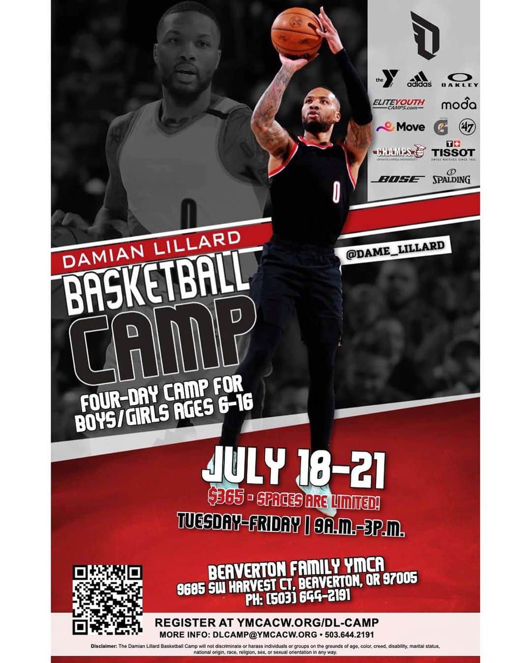 デイミアン・リラードのインスタグラム：「Back for another year of #LillardCamp July 18-21 at the @beavertonymca. Open for boys and girls ages 6-16. Always a highlight of my summer to connect with young hoopers around Portland. 🏀  📝 Hit the link in my bio to sign up!」