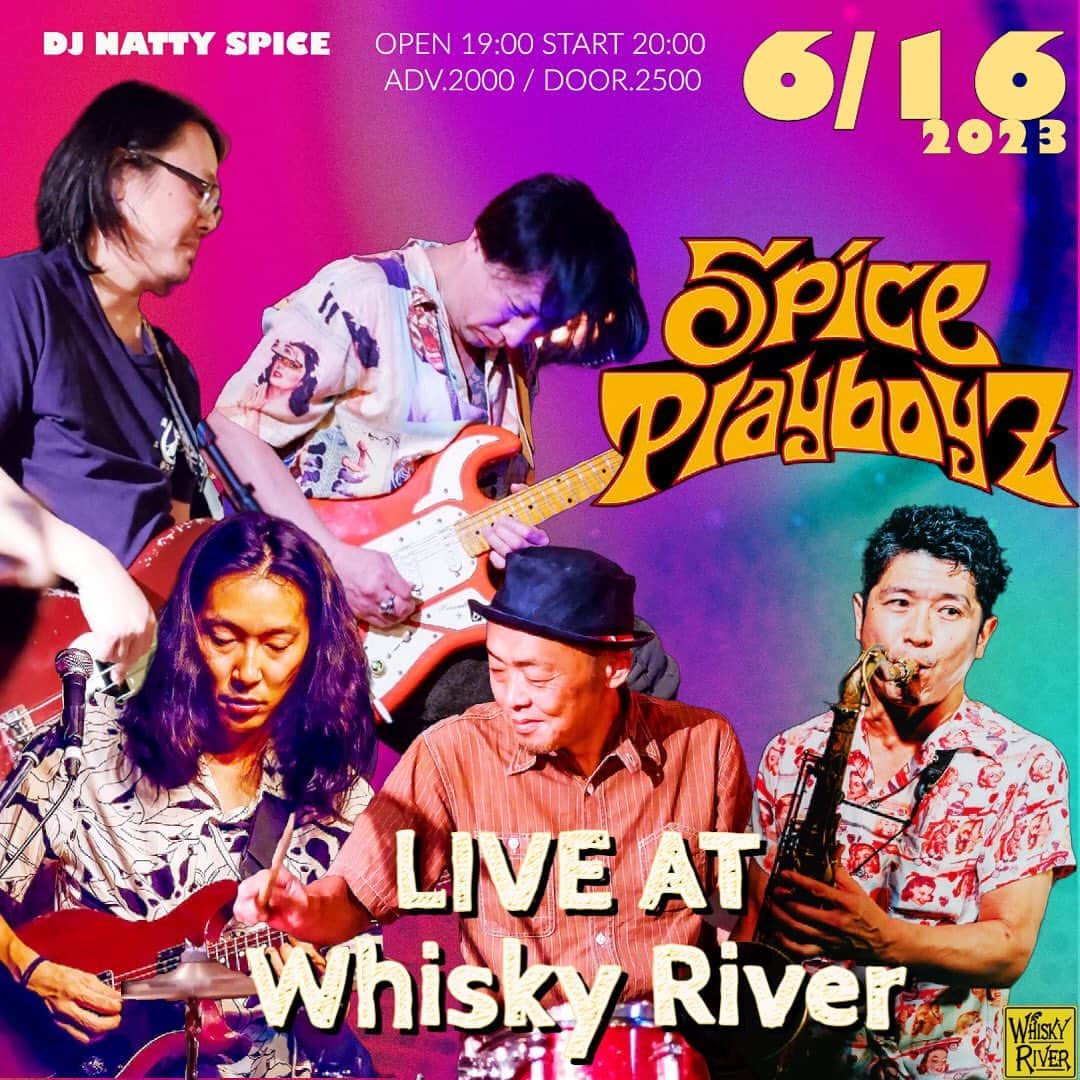 MONKYさんのインスタグラム写真 - (MONKYInstagram)「６月１６日（金）  Spice PlayboyZ Live at  南林間 Whisky River  ●Whisky River（神奈川県大和市南林間2-3-8 カツタビル２F）  ●OPEN 19:00  LIVE START 20:00  ●ADV.¥2000 / DOOR.¥2500  『Spice PlayboyZ』 MONKY（Sax）@____monky____  越野竜太（Guitar）@cosino  小林洋太（Guitar)@420yota 湯浅崇（Bass）@pow_bass  龍大（Drum）  DJ:NATTY  SPICE  ●今年は結成１０年目！ますます勢いを増しているSpice PlayboyZ！ ライブのたびに新たな波紋が広がってます。 JAZZ,ROCK,REGGAEとそれぞれのフィールドで活躍するプレイヤーが集まった、アベンジャーズなJAM BAND！ 変幻自在でSpicyなSoundを体感しに来てください。  ●お問い合わせ Whisky River TEL 046-274-4221 https://www.facebook.com/southlincoln.w.r/ messenger m.me/southlincoln.w.r  Facebookイベントページ https://fb.me/e/30sAnPn72  『Spice PlayboyZ』Profile  2013年頃から厚木のパワースポットなカレー屋「Natty Spice』でのセッションから自然発生したパーティジャムバンド。 メンバーはリーダーでFreaky Machineや:L.E.Dのドラムの龍大、ベースにSardine Headから湯浅崇、ギターとボーカルにらぞく,digdaの越野竜太 、レゲエのエキスパート小林洋太 、JazzをベースにしたSwingin'なSAX奏者、MONKYの５人の個性が最高のケミストリーを巻き起こす。 インストのオリジナル曲を中心に、カバーも歌モノもChillもありな変幻自在でダイナミックなJamを展開。 湘南のパーティーシーンを沸かすアベンジャーズなジャムバンド『Spice PlayboyZ』 【Instagram】 https://www.instagram.com/spiceplayboyz/」5月2日 12時52分 - ____monky____