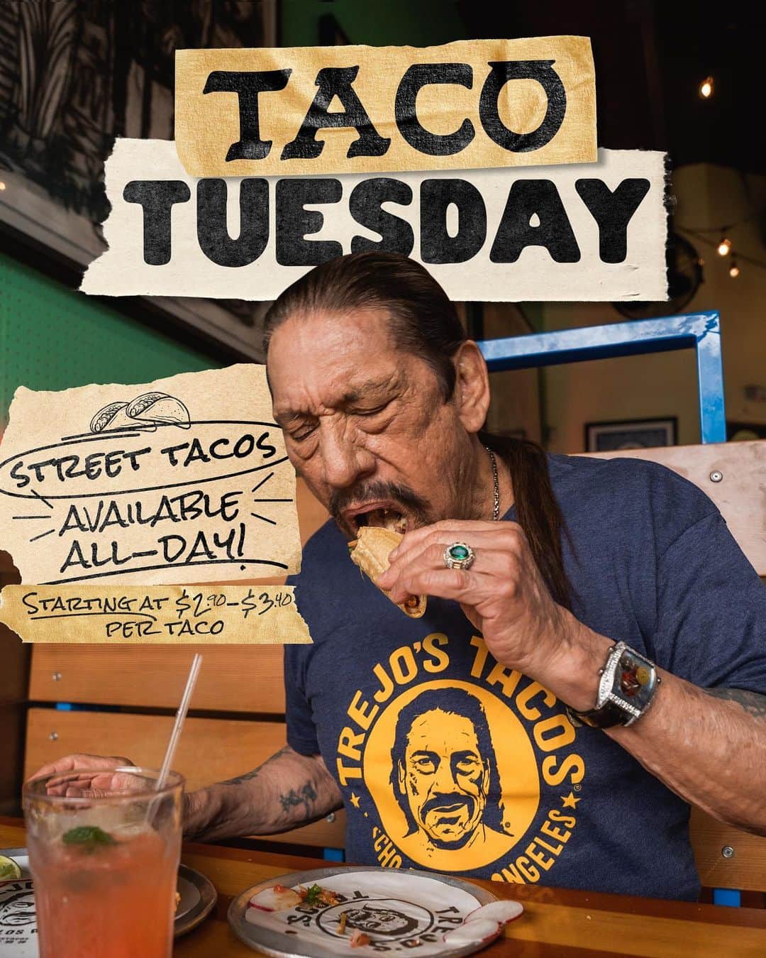 ダニー・トレホさんのインスタグラム写真 - (ダニー・トレホInstagram)「🌮IT’S TACO TUESDAY🌮  Starting today we will have street tacos with tacos starting at $2.90-$3.40!  📍Available at Trejo’s Cantina (Hollywood), Trejo’s Tacos (Santa Monica & La Brea)  Open from 11:30AM - 9 PM  📍Santa Monica 316 Santa Monica Blvd 90401  📍La Brea 1048 S La Brea Ave 90028  📍Hollywood Cantina 1556 N Cahuenga Blvd 90028  #trejostacos #trejosdonuts #trejoscoffeeanddonuts #trejoscantina #trejoscerveza #dannytrejo #tacos #aguafresca #happyhour #margarita」5月3日 1時42分 - officialdannytrejo