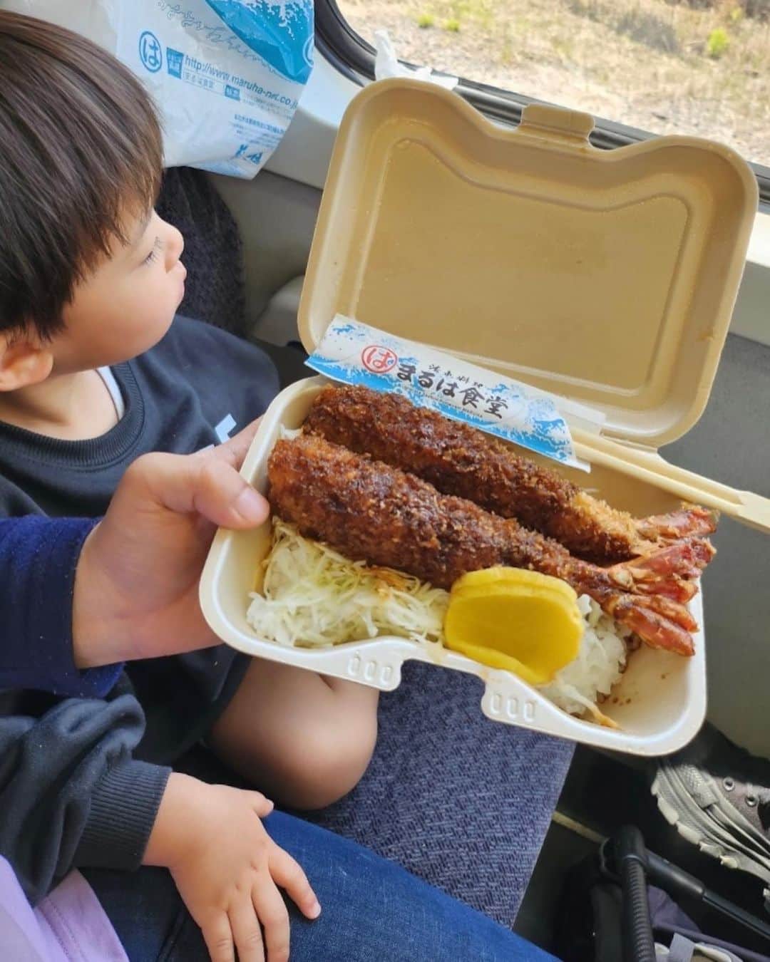 阪本智子さんのインスタグラム写真 - (阪本智子Instagram)「🍤♡  名古屋から三重までの電車で🚃  #まるは食堂 のエビフライ弁当を😋 これって一尾なの？！というくらい大きかった笑  碧羽はモリモリ食べてから爆睡でした😂  #三重旅行 #お弁当 #エビフライ #兄弟ママ #阪本智子」5月2日 18時28分 - tomoko_sakamoto423