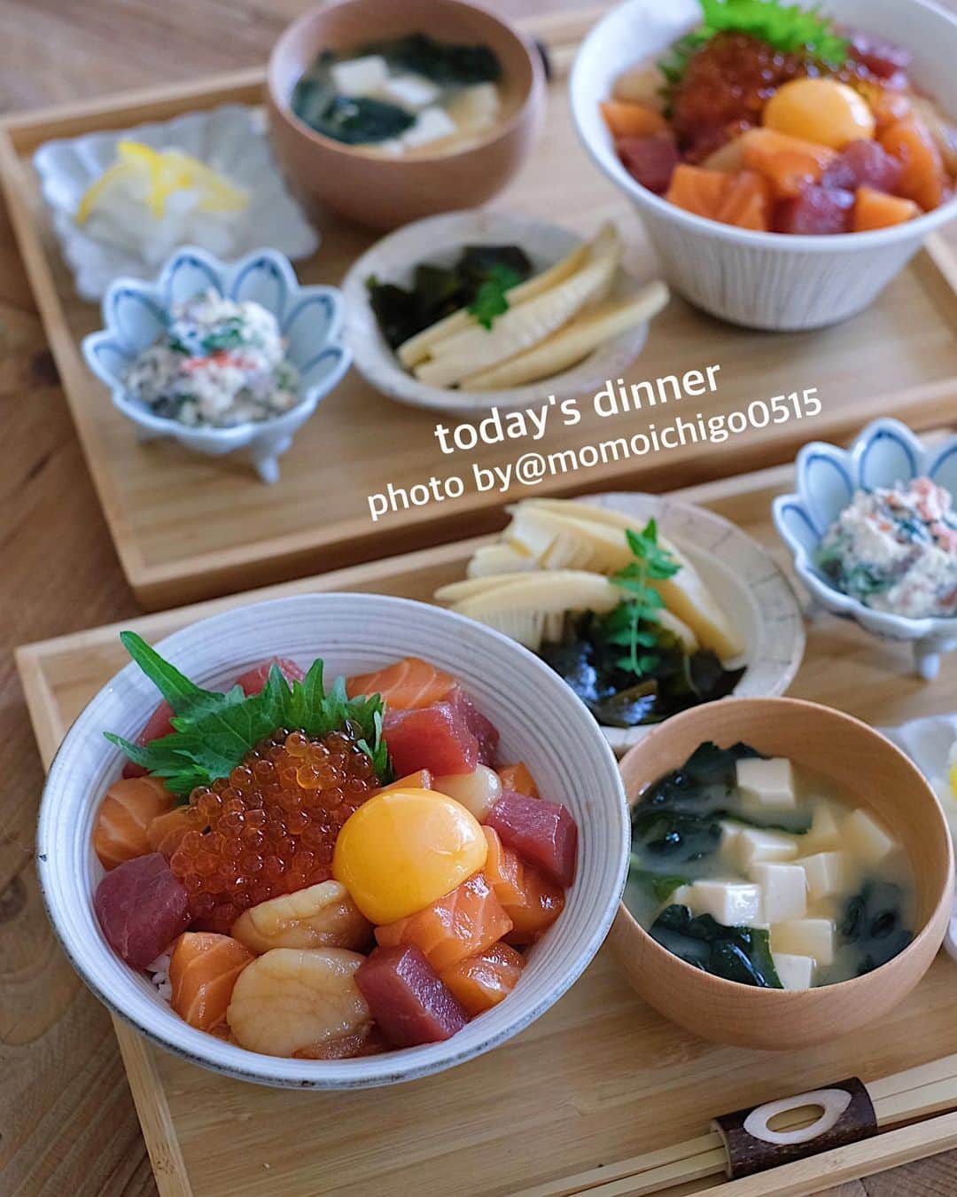 YASUKO TAKESUEのインスタグラム：「. こんばんは☺️💕. 今日の晩ごはん . . ⭐️いろいろ海鮮漬け丼 ⭐️若竹煮 ⭐️ほうれん草白和え ⭐️柚子大根 ⭐️お味噌汁 . . .  #晩ごはん#晩御飯#晩ご飯#夜ごはん#よるごはん#夕食#おうちご飯#うちご飯#おうちご飯lover#おうちご飯記録#食卓#手料理#手作りご飯#料理写真#器好き#器集め#献立#家庭料理#food#foodpic#foodstagram#foodphotography#followme#instagood #奥田章」