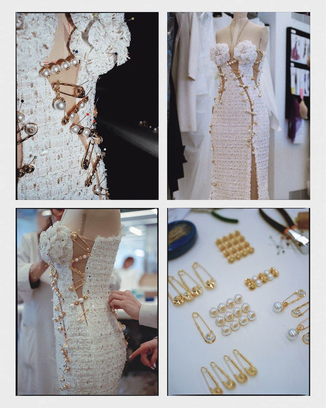 ジャンニヴェルサーチのインスタグラム：「Anne Hathaway's custom Atelier Versace gown for the Met Gala 2023.  Atelier Versace used over 15 meters of fabric and 450 hours to handcraft Anne Hathway's custom gown for this year's Met Gala. Embellishments were custom made for the occassion, combining pearls used throughout Karl Lagerfeld's Chanel collections with Versace signatures including Medusa Safety Pins.  @annehathaway #AtelierVersace #MetGala #MetGala2023」