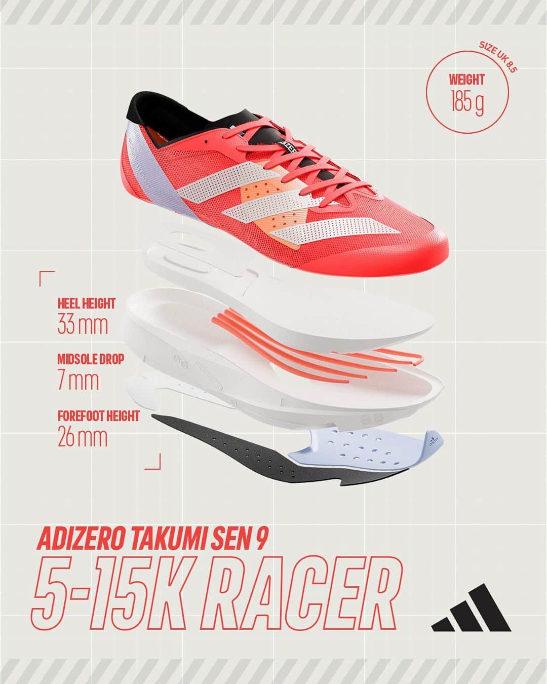 のインスタグラム：「The Adizero Takumi Sen 9 full-length ​LIGHTSTRIKE PRO midsole is paired with​ glass fibre ENERGYRODS, giving you ​the snappy ride you want.   ADIZERO. MADE TO WIN.   #ADIZERO Takumi Sen 9」