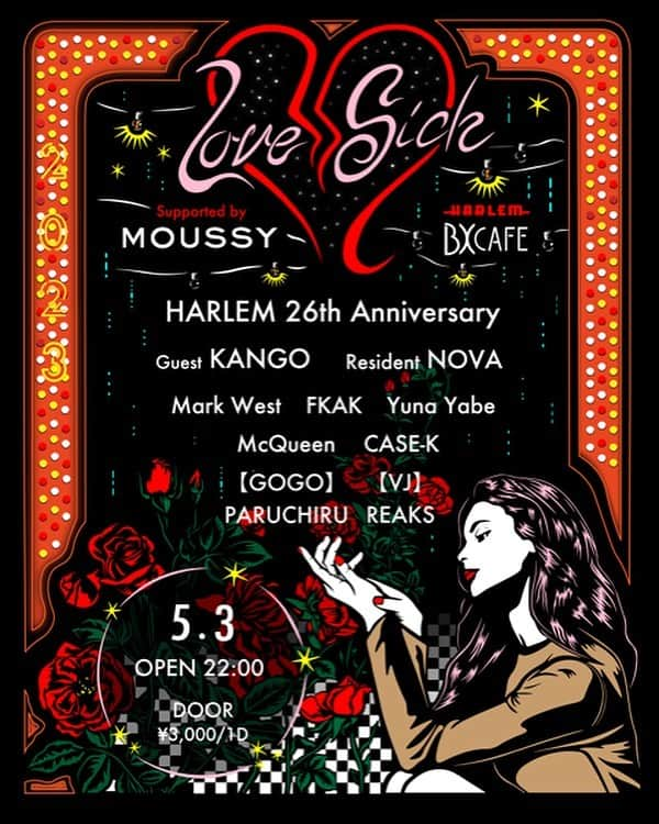 McGuffinさんのインスタグラム写真 - (McGuffinInstagram)「⚡McGuffin Street News⚡  MOUSSYがHARLEM 26周年のイベントを開催！LOVE SICK -HARLEM 26th Anniversary-  ”Supported by MOUSSY”  1997年のオープン以来、国内はもとより世界に向けてHIPHOPを発信し続けてきた渋谷のナイトクラブHARLEMがこの度26周年を迎えます。  周年を記念し、ファッションブランドMOUSSY協力のもと、5月3日にBX Cafeにてスペシャルイベントを開催いたします。  毎週金曜のレギュラーイベントBORN FREEのレジデントを務めるNOVAを筆頭に、DJ KANGO、矢部ユウナなど豪華出演者がラインナップ。  LOVE SICKと題し、音楽はもちろん、REAKSやRouvle Balloon Designによる空間演出などエモーショナルでスタイリッシュな普段と違った雰囲気のBX Cafeで、HARLEMの26周年を皆さんとお祝いできたらと思います。  #harlem #moussy #ハーレム #マウジー」5月2日 22時48分 - mcguffin_official