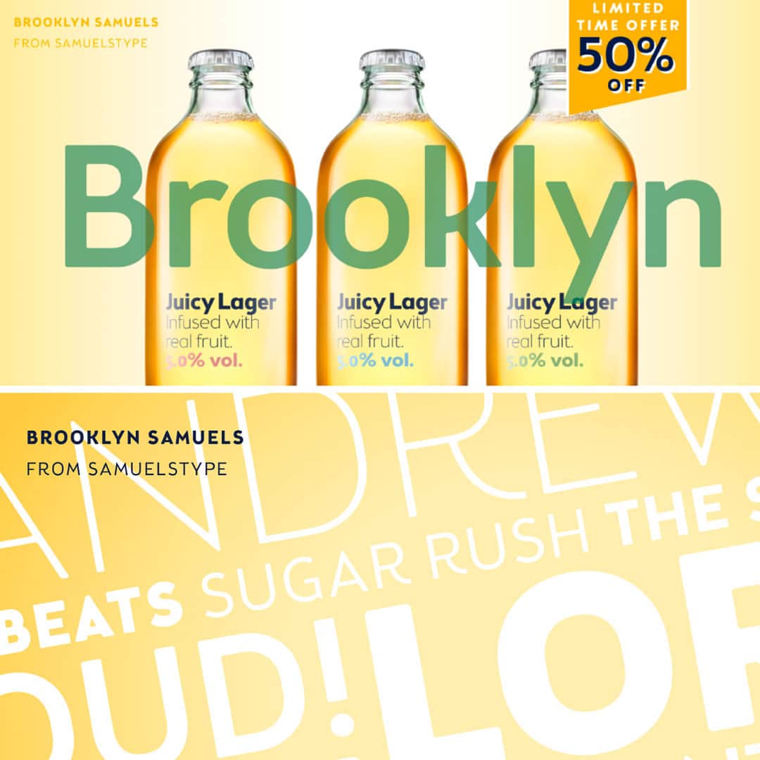 myfontsのインスタグラム：「💛 Brooklyn Samuels by Hans Samuelson is a Sans Serif based on geometrical shapes.   It's primarily intended for headline use but also offers excellent legibility in small sizes! Stylistic sets provide a more text-friendly alternative for some letters. 👉 Shop now on MyFonts!」