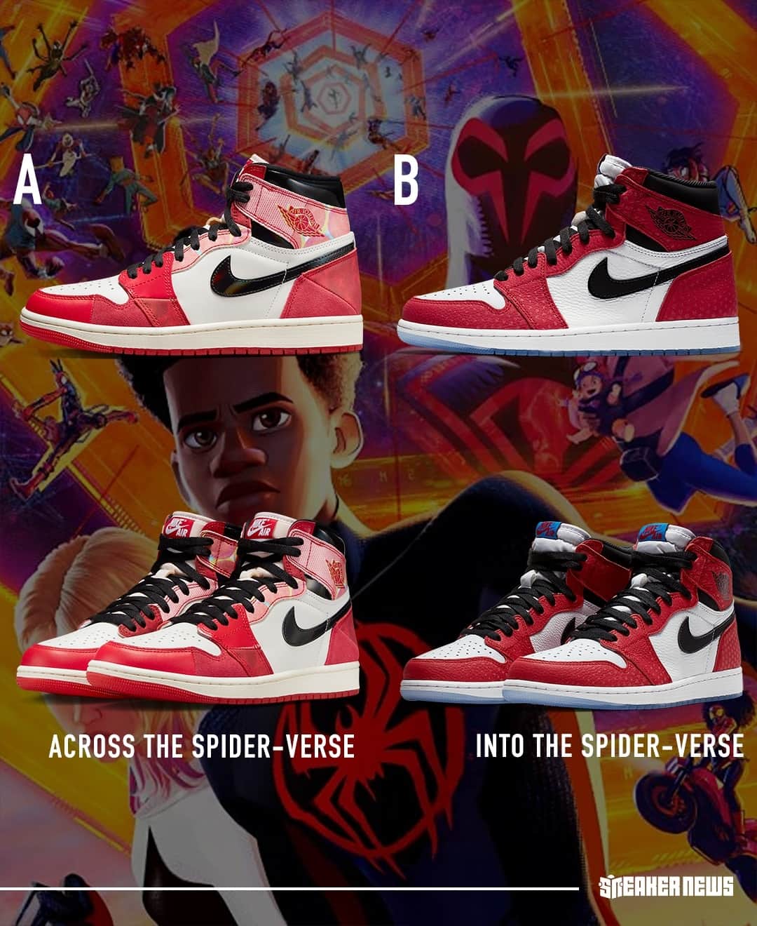 Sneaker Newsさんのインスタグラム写真 - (Sneaker NewsInstagram)「SNKRS Shock Drop rumored for 2pm ET...⁠ Which "Spider-Verse" Air Jordan 1 do you like more? Comment below...⁠ A for Across The Spider-Verse⁠ B for Into The Spider-Verse」5月2日 23時30分 - sneakernews