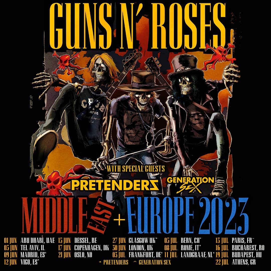 Guns N' Rosesさんのインスタグラム写真 - (Guns N' RosesInstagram)「Special guests; The Pretenders & Generation Sex announced for Europe & Middle East on the 2023 World Tour! Tickets on sale now.」5月2日 23時30分 - gunsnroses