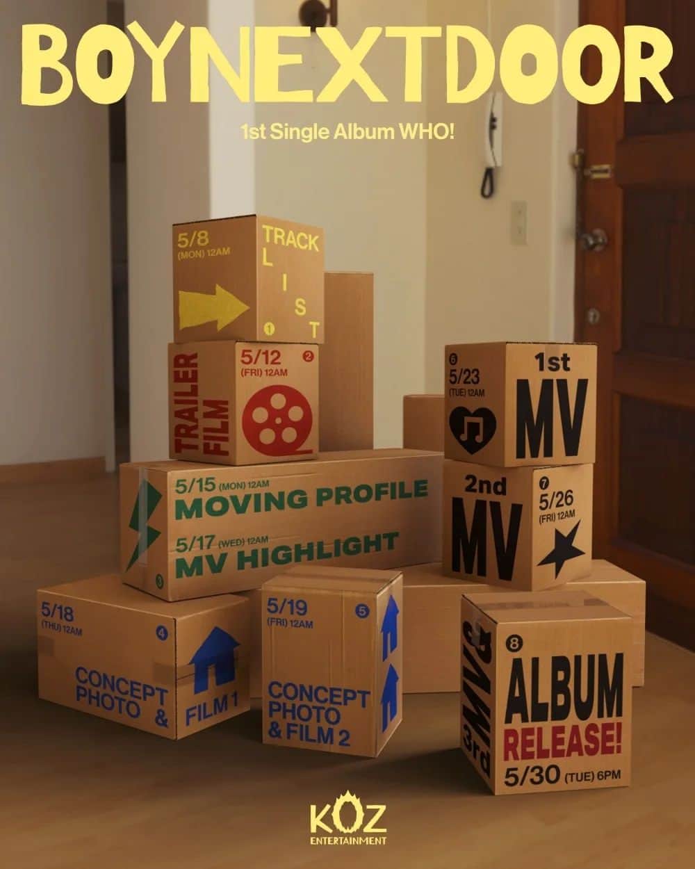 ジコのインスタグラム：「BOYNEXTDOOR 1st Single Album [WHO!]  🚪2023. 5. 30 6PM (KST)  #BOYNEXTDOOR #BOYNEXTDOOR_WHO #WHO #KOZNEWBOYGROUP   @boynextdoor_official @koz_entofficial」