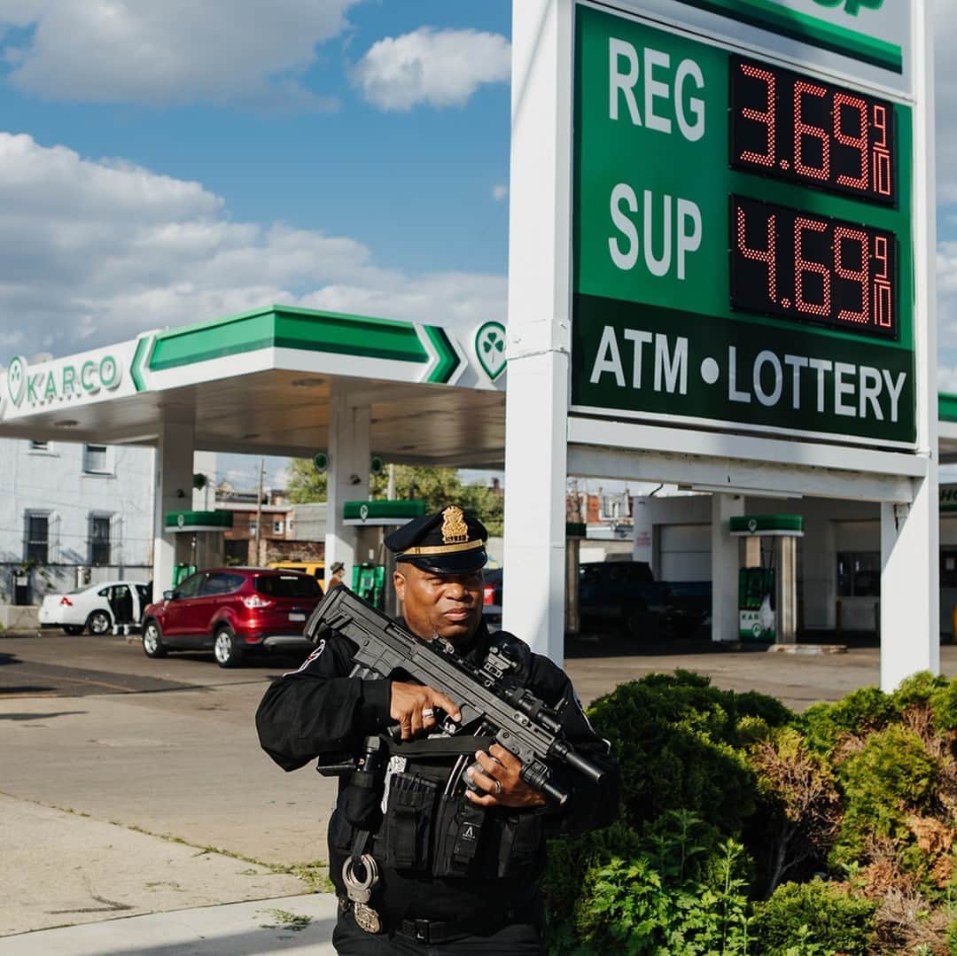 TIME Magazineのインスタグラム：「Across America, private security guards are replacing police officers.  Andre Boyer’s armed guard service has boomed over the last year as Philadelphia police staffing issues led to longer response times. Neil Patel, the owner of this Karco gas station, says he hired Boyer in December after thieves stole an ATM from his gas station and the police didn’t respond for six hours.  “Private security is going to take over everything,” says Boyer, the Philadelphia armed guard. He adds that a father recently hired him to take his two children to the movies, armed with a shotgun, to make sure they were safe.  Read more on the rise of private security at the link in bio.  Photograph by Michelle Gustafson (@michellegustafson) for TIME」