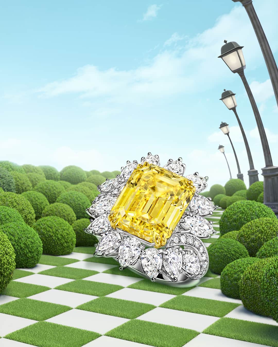 ハリー・ウィンストンのインスタグラム：「A land of lush gardens and natural beauty, the Winston Maze also holds numerous sparkling wonders. Usher in spring’s warmer months with sunny jewels by tapping the link in bio. #HarryWinston #WinstonMaze #WinstonHighJewelry」
