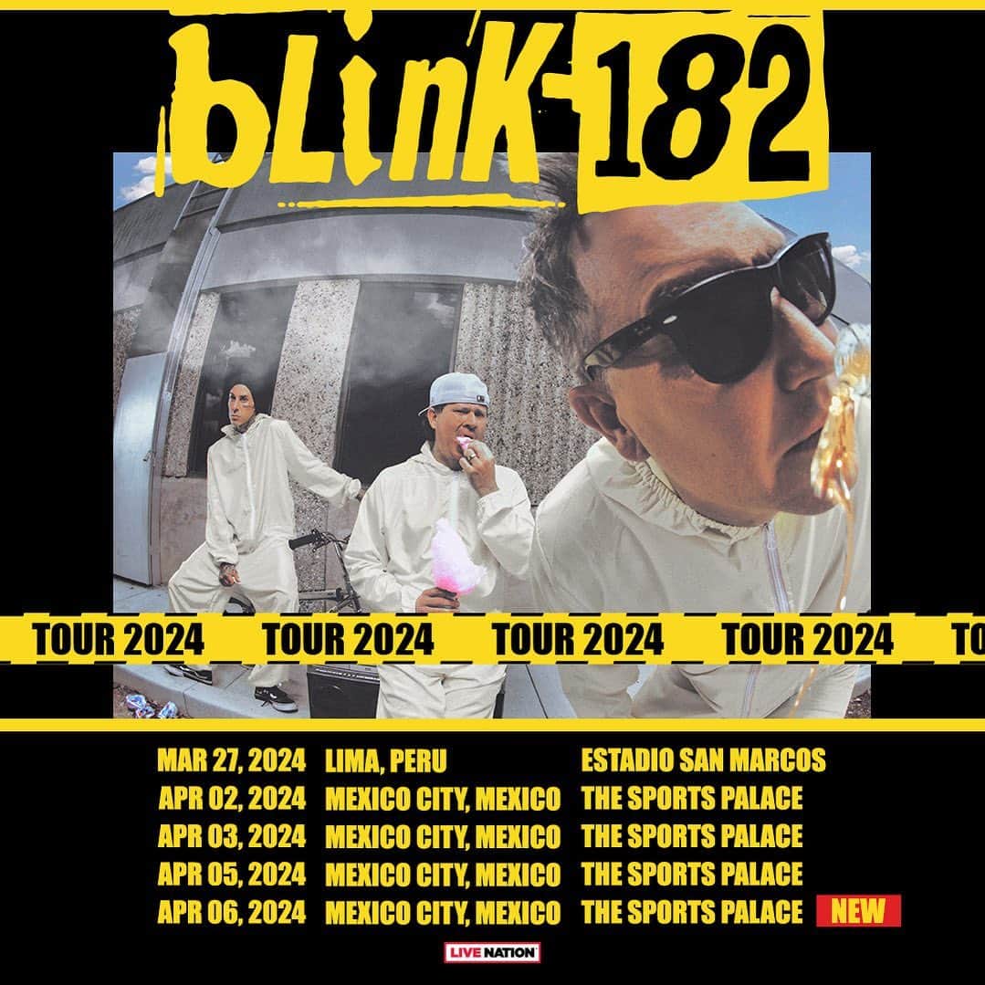 blink-182さんのインスタグラム写真 - (blink-182Instagram)「Guys - Great news!  We are finalizing the full run of dates for South America and Mexico in 2024. For now, rescheduled dates have been announced for Lima and Mexico City, with the addition of a fourth Mexico City show on April 6, 2024.   Previously purchased tickets will be valid for the rescheduled March & April 2024 shows, and no action is required from ticket holders. A limited number of tickets will go on sale for the Lima show on Friday, May 5th at 10am local time. Additional tickets for the 3 re-scheduled Mexico City shows will go on sale May 9th at 11am local time. Tickets will be available for the new Mexico City show starting with a Citibanamex presale beginning Monday, May 8. The general onsale for Mexico City will begin Tuesday, May 9 at 11am local time.    In addition, we will return to Pal Norte Festival and Lollapalooza Argentina, Chile, & Brasil, Estereo Picnic, and Asuncionico in March 2024. More on all this soon!   March 2024 – Lollapalooza Argentina, Chile & Brasil, Estereo Picnic, and Asuncionico **Exact performance dates to be announced March 2024 – Monterrey, Mexico @ Pal Norte Festival **Exact performance date to be announced   March 27, 2024 – Lima, Peru – Estadio San Marcos April 2, 2024 – Mexico City, Mexico – The Sports Palace April 3, 2024 – Mexico City, Mexico – The Sports Palace April 5, 2024 – Mexico City, Mexico – The Sports Palace April 6, 2024 – Mexico City, Mexico – The Sports Palace – NEW SHOW ADDED」5月3日 1時05分 - blink182