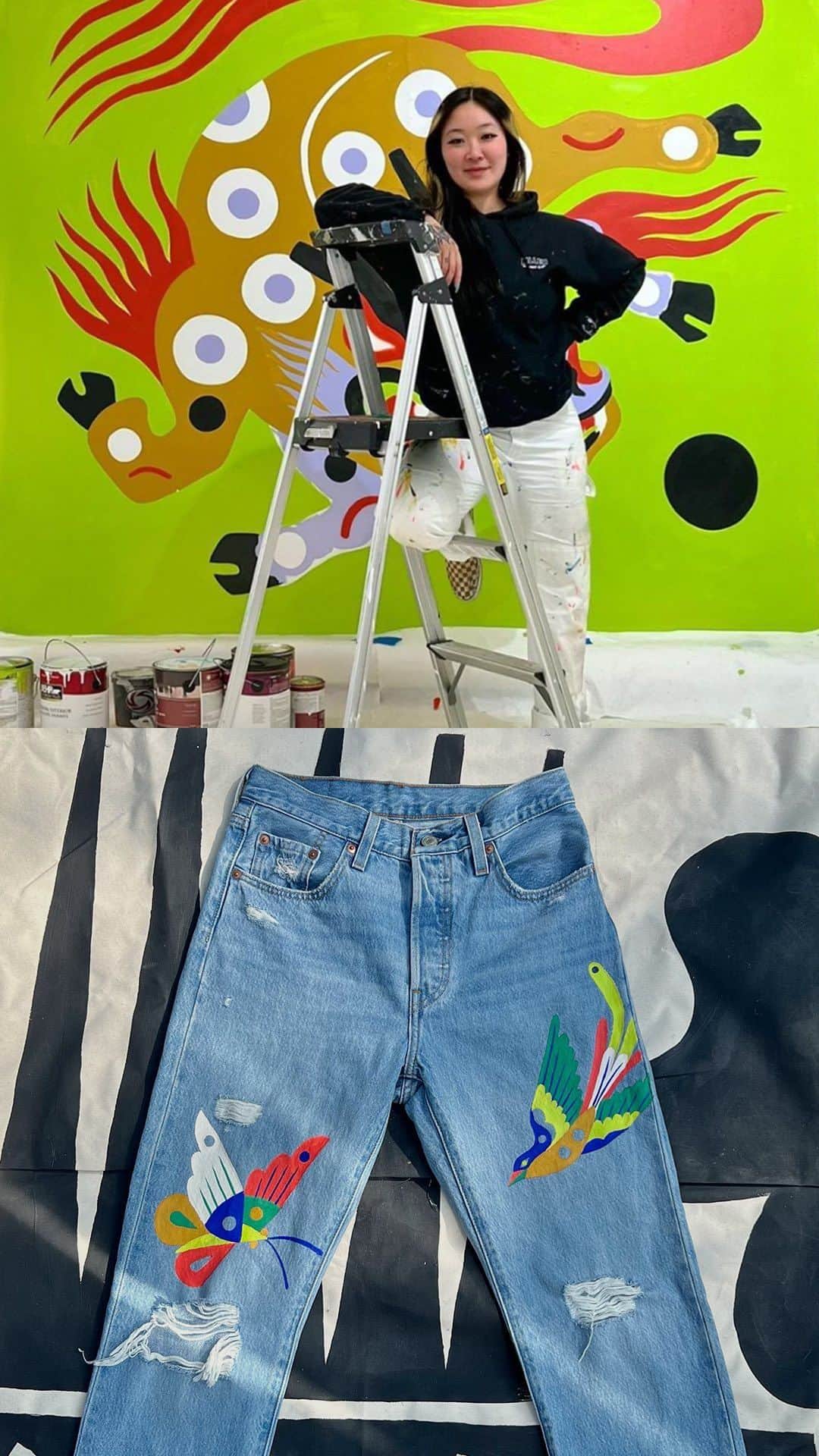Levi’sのインスタグラム：「Seattle, Washington-native @stepfrae’s art is reflective of her Chinese American heritage, her upbringing in the shipyard neighborhood of Ballard and her reverence of nature. “Something I really love and try to incorporate in my work is this mindset that we are connected to the earth.”  Her custom-designed 501® jeans are inspired by her unique upbringing in the Pacific Northwest and the American style of tattooing that has influenced her art throughout her career.」