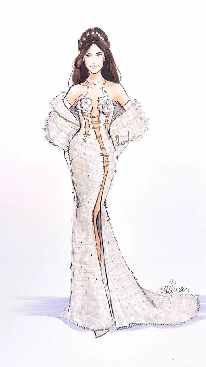 Holly Nicholsのインスタグラム：「Anne Hathaway at the Met Gala in Versace 🖤🤍 styled by @erinwalshstyle 🤍 @annehathaway #metgala #annehathaway #asmr #fashionillustration #copicmarkers #illustrationartists」