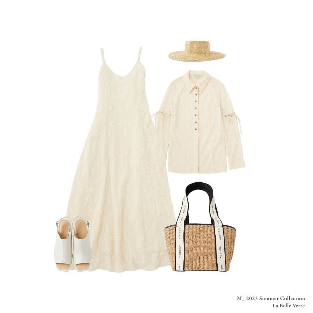 のインスタグラム：「@m_moussyofficial M_ 2023 Summer Collection / LA BELLE VERTE  ・LACE SHIRT(010GS230-0920) ・SIDE BUTTON DRESS(010GS230-2070) ・STOLE HAT(010GS250-0610)  全国のMOUSSY店舗／SHEL'TTER WEBSTORE／ZOZOTOWNにて発売中。 ※MOUSSY沖縄パルコシティ店では一部5月4日(木)より発売開始となります。予めご了承くださいませ。  また、ZOZOTOWNでは 5月3日(水)0:00-23:59の1日限定でお得にお求めいただけます。 この機会にぜひご利用くださいませ。  #M_MOUSSY #MOUSSY」