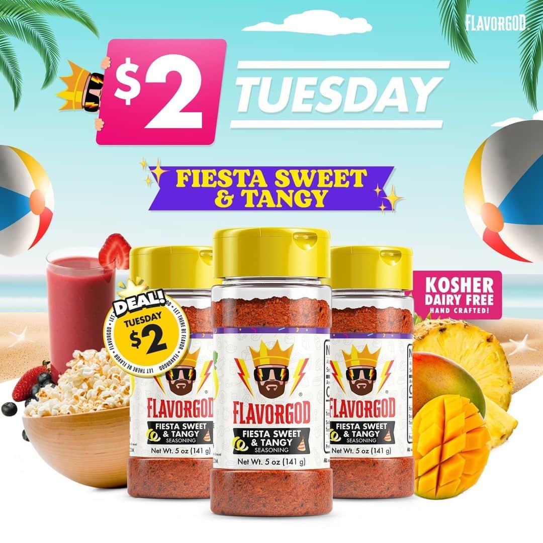 Flavorgod Seasoningsのインスタグラム：「$2 Tuesday!! Seasoning: Fiesta Sweet and Tangy Topper🔥⁠ -⁠ Click link in the bio -> @flavorgod⁠ www.flavorgod.com⁠ -⁠ This seasoning is tangy from lemon zest, mildly sweet from honey and perfectly balanced with chilis to create a spicy tangy seasoning. FlavorGod Sweet & Tangy will enhance the flavor of fruits, vegetables, and all of your snacks. It's also great on all proteins whether grilled or baked! Endless possibilities for summer: fruits, melons and of course in beverages such as the micheladas (a beer cocktail).⁠ -⁠ Flavor God Seasonings are:⁠ 🔥ZERO CALORIES PER SERVING⁠ 🔥MADE FRESH⁠ 🔥MADE LOCALLY IN US⁠ 🔥FREE GIFTS AT CHECKOUT⁠ 🔥GLUTEN FREE⁠ 🔥#PALEO & #KETO FRIENDLY⁠ -⁠ #food #foodie #flavorgod #seasonings #glutenfree #mealprep #seasonings #breakfast #lunch #dinner #yummy #delicious #foodporn」
