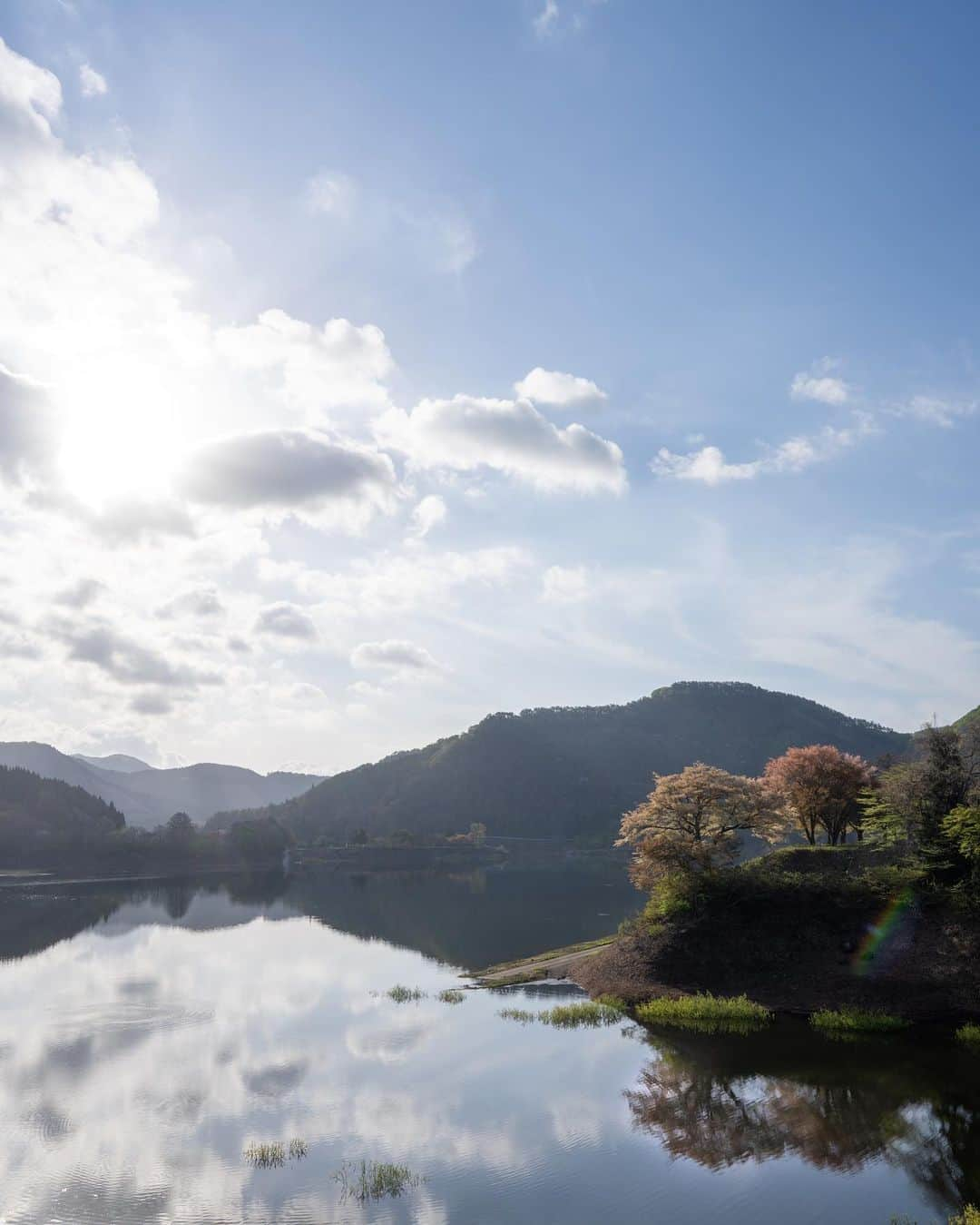 山人のインスタグラム：「錦秋湖のほとりに…  1枚目朝バージョン 2枚目夜バージョン  #春紅葉 #私の山人  #西和賀 #無地内 #安ヶ沢 #ほっとゆだ駅 #あやめ公園 #前向きに #山人 #yamado #桜 #四季 #春 #spring  #宝 #自然  #盛岡市 #お花見 #東北の桜 #天の川 #夜桜 #星景写真 ↓通販サイトはこちら↓ https://shop.yamado.co.jp/」