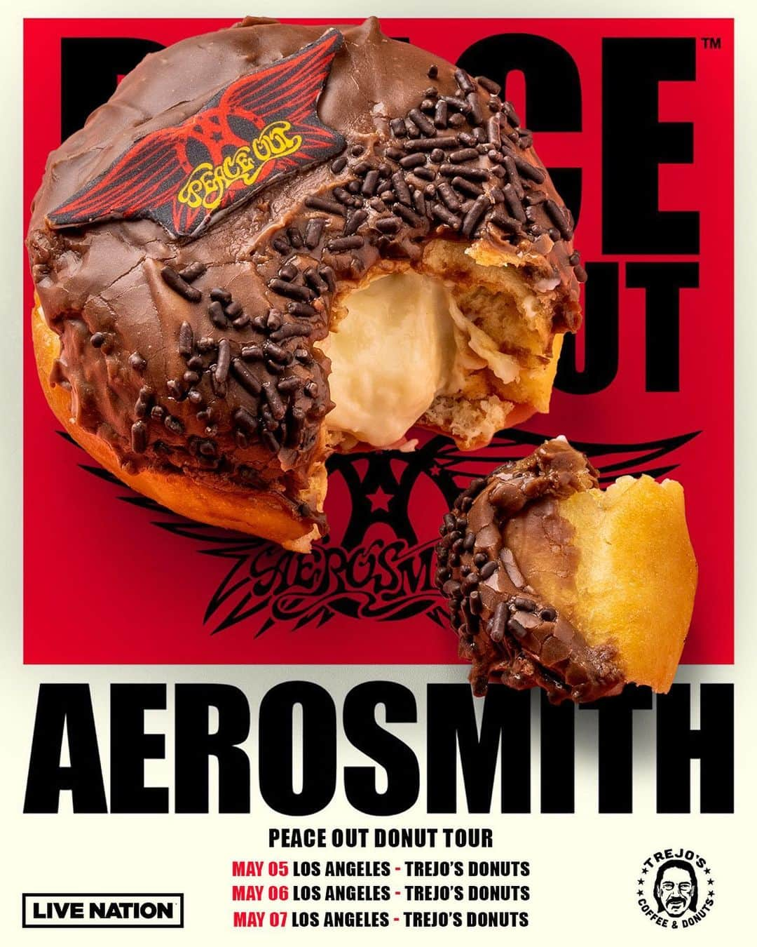 ダニー・トレホさんのインスタグラム写真 - (ダニー・トレホInstagram)「PEACE OUT! ✌️  We are so excited to announce that this weekend we will be releasing a limited edition @aerosmith “Peace Out” Boston Cream donut in collaboration with @livenationla   Limited quantities available Friday 5/5 through Sunday 5/7!  * Limited one per customer *  Aerosmith’s Farewell Tour is coming to the @thekiaforum on December 7th - tickets available Friday 10am at Ticketmaster.com @ticketmaster   Open daily 7AM-4PM  📍6785 Santa Monica Blvd, Los Angeles  #trejostacos #trejosdonuts #trejoscantina #trejoscerveza #trejosdonutsandcoffee #coffeeshop #losangeles #donuts #dannytrejo #breakfast #bakers #donutsandcoffee #aerosmith #livenation」5月3日 8時17分 - officialdannytrejo