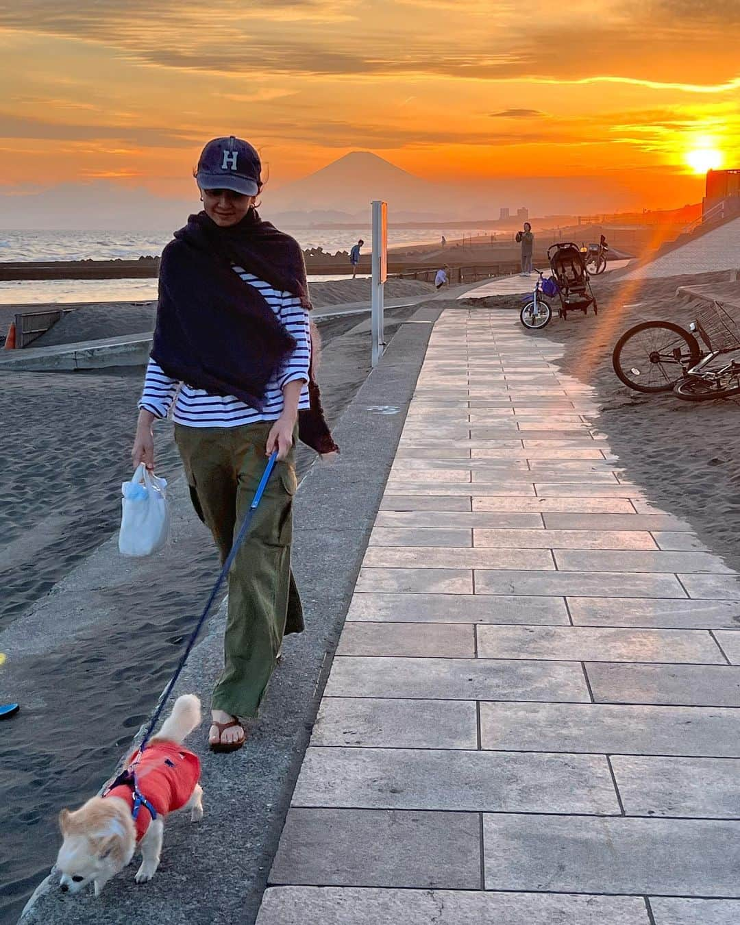 五明祐子さんのインスタグラム写真 - (五明祐子Instagram)「川沿い歩いてたら朝どれ野菜売ってた🥦🥬🥕 袋がなかったからそのまま持って帰ったけど、 パンツと葉っぱの色がリンクしてましたね😆💚  夕方はおもちと海でお散歩。 富士山のシルエットと夕陽が綺麗でした🥰  皆さま素敵なGWを✨  #GW#ビーサン 🩴#はじめました  キャップ🧢はむかーし　@deuxiemeclasse で買ったものです🤗」5月3日 21時17分 - gomyoyuko