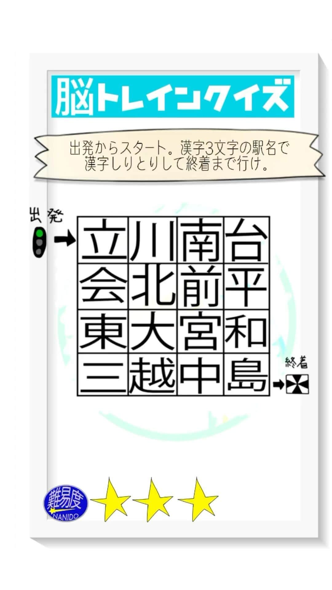 岡安章介のインスタグラム：「脳トレインクイズ！脳をトレインによせて考えてね。 出発からスタート！漢字3文字の駅名で漢字しりとりをして終着まで行け！  【前回の答え】西葛西→西浦和→和光市→市ヶ谷　でゴールでした。  #ななめ45の45ch  #ななめ45 #脳トレインクイズ  #脳トレクイズ #鉄道クイズ #おすすめにのりたい　 #読み上げ機能使ってみた　#鉄道　#鉄道好きと繋がりたい」