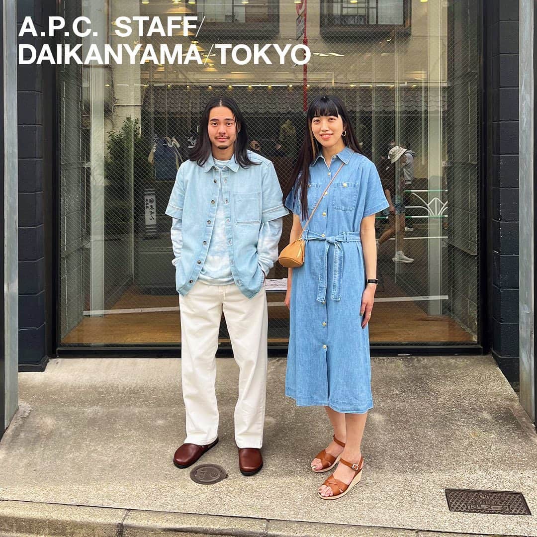 のインスタグラム：「A.P.C. Daikanyama staff in Tokyo.  Asuka wears: Gil short-sleeve shirt Hubert sweatshirt Vincent trousers Danny mules  Miku wears: New Drew dress Ninon Small drawstring bag Judith sandals  Articles available in stores and at apc.fr  A.P.C. DAIKANYAMA 25-2 Sarugakucho Shibuya-ku 150-0033 Tokyo, Japan  #APCStaff #Tokyo #Japan #APCParis #APCStore」