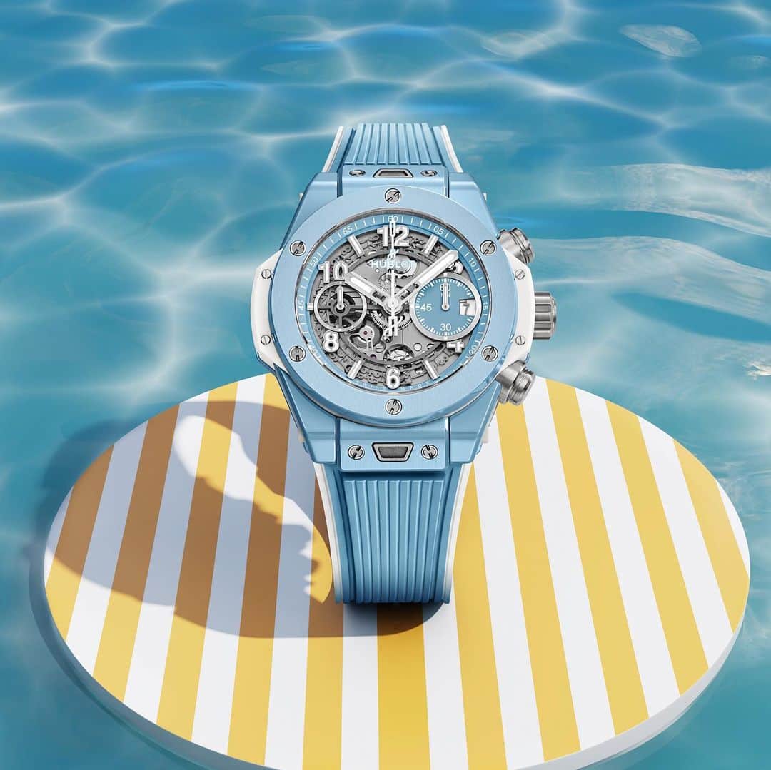 のインスタグラム：「Let the summer begin! This @hublot Big Bang Unico Sky Blue 42mm will bring you in a sunny and playful mood. As a master in ceramic materials, Hublot has now added sky blue to their ceramic color mix. Limited to 200 pieces and available at brand boutiques and online #hublot #bigbangunico」