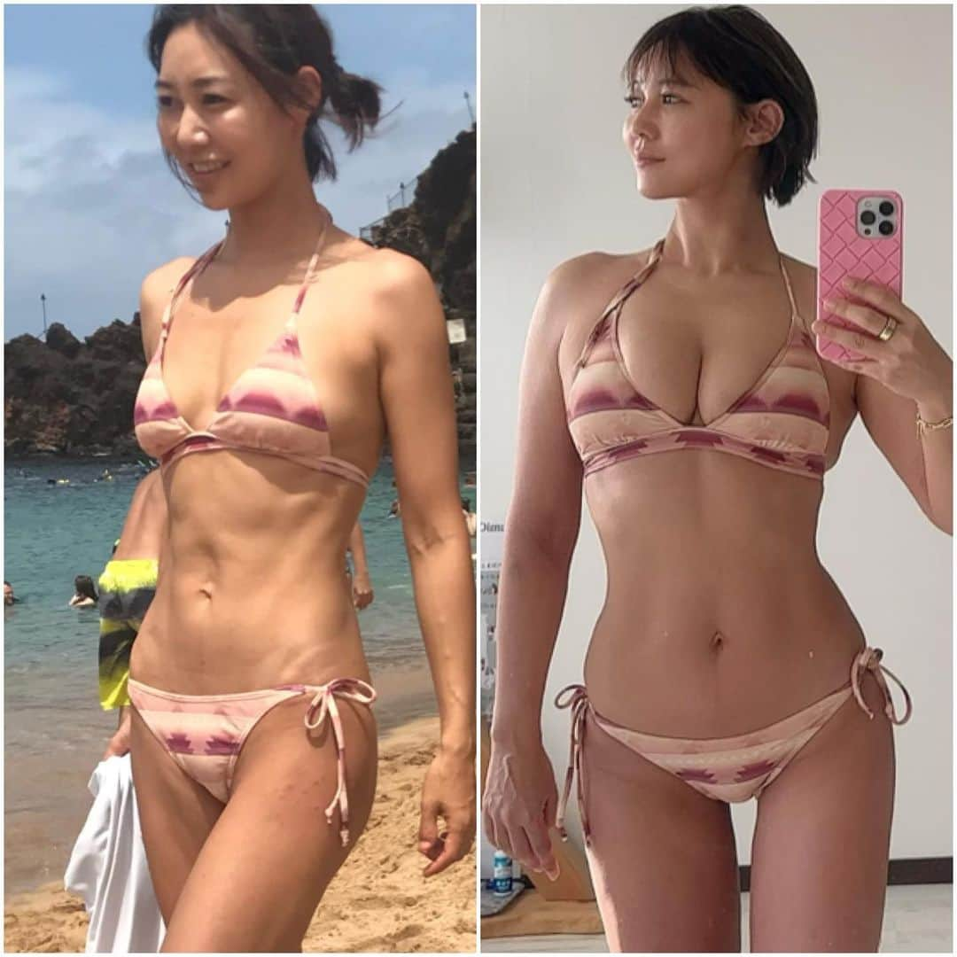 村田友美子さんのインスタグラム写真 - (村田友美子Instagram)「昨日、仕事で使用するため、 久しぶりに水着の写真をとりました🤩  右の写真ね。 顔も含めてキレイなショットは何十枚かに1枚ですが。笑笑 ただ45歳、食事制限、筋トレ一切なしでこのカラダをキープ出来ていることは凄いことだと思っています。  そして何より、体重は増えていて昔より断然スタイルが良くなっていることが、私自身本当に驚きなのです。  左の写真は５年前。 育児に追われて忙しいのととにかく無駄な脂肪は悪だと思い、タンパク質ばかり摂取していた栄養不足な頃。 今思えば私生活に変化があり、自律神経が乱れ、呼吸は浅く、いつもお腹を固めていたし、骨盤に体重をのせる癖があったなあと。 (ちなみに左の姿勢してるひとめちゃ多い。)  私がなぜこんなに変化したか‼️ 私は5年間自分のカラダを使って人体実験を繰り返してきました。  ストイックではなく、運動嫌いなひとがどうしたら、理想のボディラインかつ不調のない体に近づけるのか。。。  私の答えは、、、 痩せていようが太っていようが、とにかく普段何気なくしている立ち方、歩き方、カラダの使い方でボディラインができていく。  例えばいつもシンクに寄りかかるように洗い物をしていたり、 お股を開いて座っていたり、 下を向いて携帯いじっていたり 猫背でだらだら歩いたり、逆に胸を張り過ぎで歩いていたり、、、  そういう日々の動作って、癖がめちゃくちゃあって、それに慣れていると一生そのカラダなんですよ。。。  私はその癖を治しました。 ユミコアのエクササイズで。 ユミコアのエクササイズは癖の修正です。 そして骨格の歪みを治します。 骨盤の向きや背骨のカーブ、鎖骨や肩甲骨の位置を変えていくんです。  写真を比較すると、大体胸だけに目がいく人が多いのですが、 見るべきポイントは水着の紐の長さとパンツの三角形の位置や向きの変化。  垂れた胸にハリと弾力を戻すにはそもそも胸の筋肉がついている骨の位置をもちあげないと変わらないんです。(体重増やすのも大事) 私の胸の土台、明らかに上にもちあがってますよね。 パンツの前の三角形の角度と面積が変わってるのは骨盤の向きが変わったからです。  水着の場所が変わる=骨の位置が移動した‼️なのです。  骨の位置が変わると脂肪のつき方や働く筋が変わりボディラインが変わります。  骨って動いたり持ち上がったり本当にするんですよ。 ちゃんと動かしてたら。 それを証明しているのが私の変化です。  ついつい年齢や体重にこだわってしまいますが、私はあまり関係ないなと思います。  今の私は昔より10キロ体重が増えました、、、 昔より胸もお尻もパンとしているけど、脚も腕も腰回りもそれなりに増えています。 けど、そんなに嫌じゃない。 昔より小顔だし肋骨締まって脚長くなった。 全てはバランスです。  私はこれからも実験を繰り返しながらメリハリおばさんを目指します🔥  絶対変わるからみんなも一緒にやろう！  #長文失礼しました  #久しぶりの水着 #メリハリおばさん #メリハリ母ちゃん #骨格から変える #重力に逆らう #猫背 #巻き肩 #呼吸 #膣トレ @onlineyumicore_members  @yumicorebodyofficial  @onlineyumicore」5月3日 18時58分 - yumicorebody