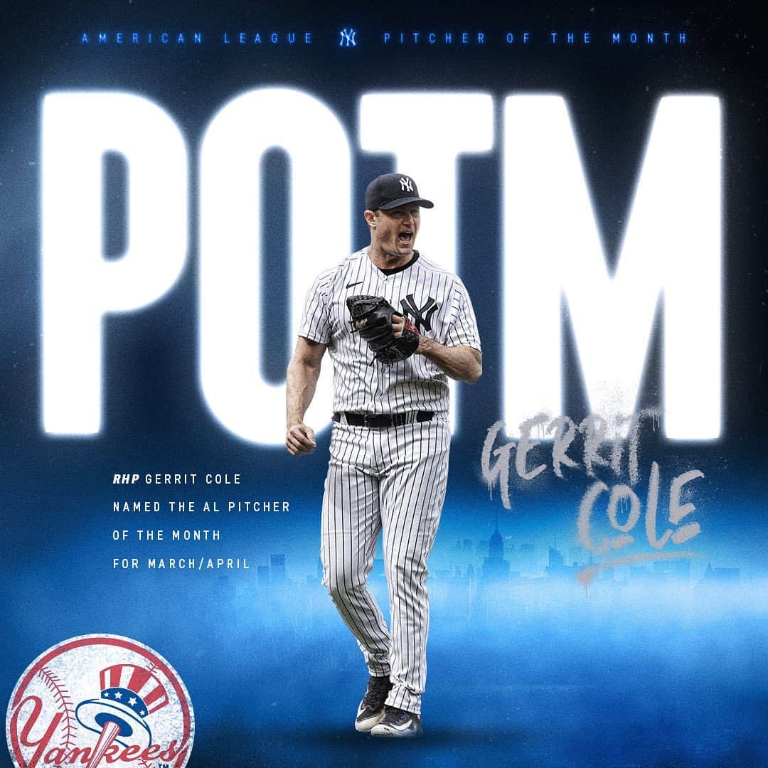 ニューヨーク・ヤンキースさんのインスタグラム写真 - (ニューヨーク・ヤンキースInstagram)「Cole 45.   Your American League Pitcher of the Month for March/April 🏆」5月3日 22時51分 - yankees