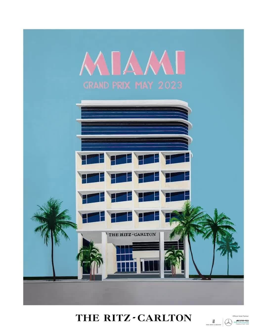 リッツ・カールトンのインスタグラム：「It’s nearly time for the 2023 Miami Grand Prix — to gear up for the second year on the circuit, we are celebrating the finely-tuned thrills and deft design of @mercedesamgf1 and @ritzcarltonsouthbeach in a fresh edition of our travel poster series from Artist Partner @louisnicolasdarbon.」